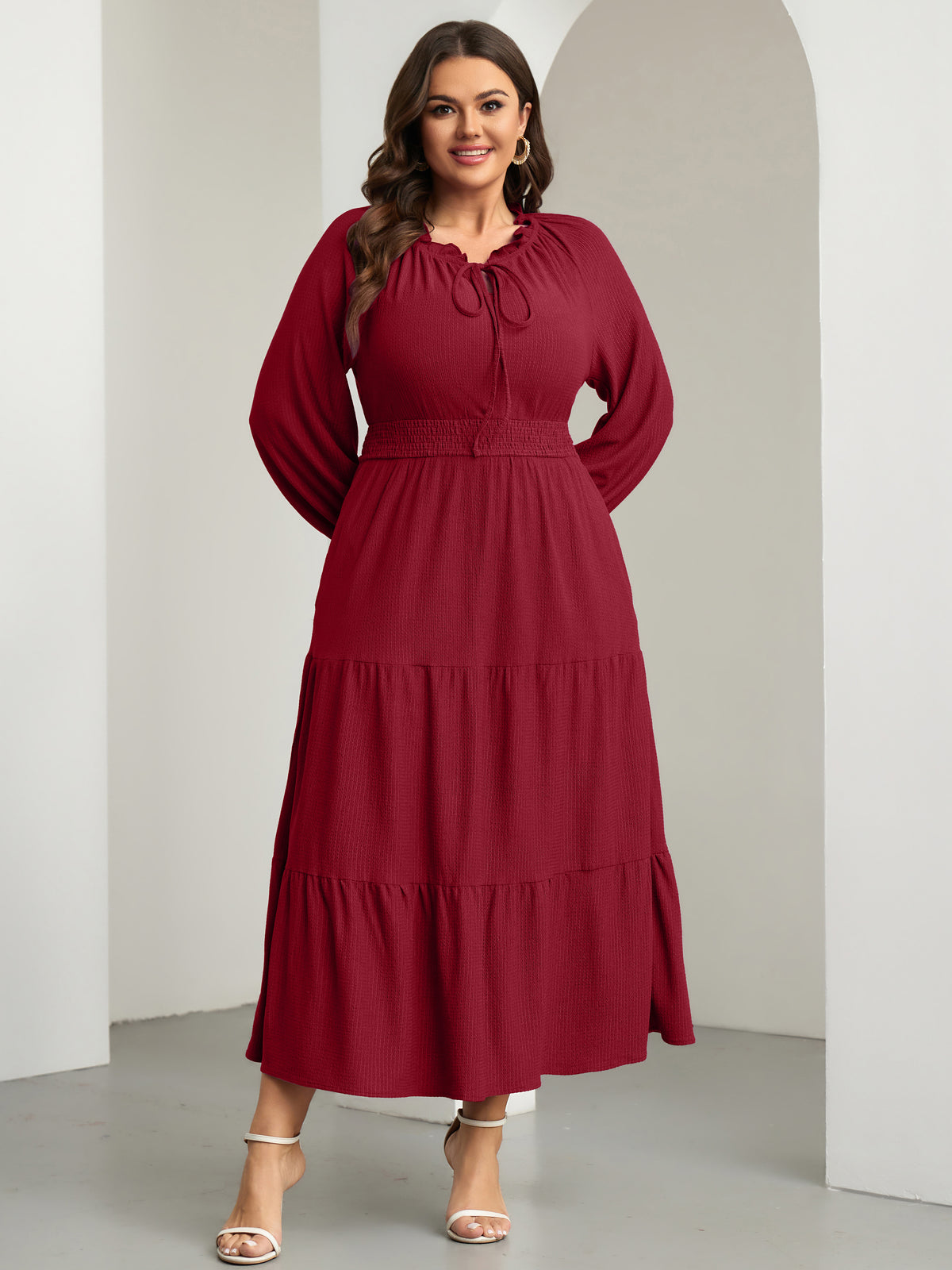 RWJ 6813 Burgundy plus size tie V-neck puff-sleeve maxi dress