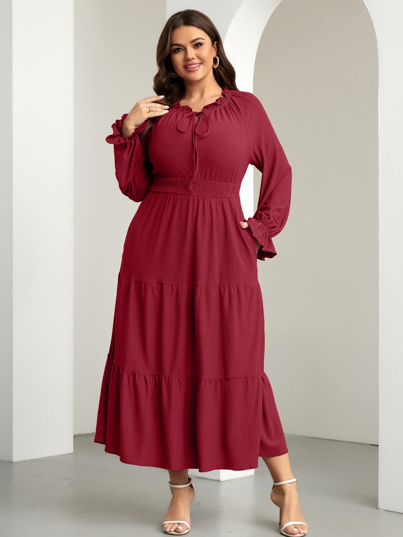 RWJ 6813 Burgundy plus size tie V-neck puff-sleeve maxi dress