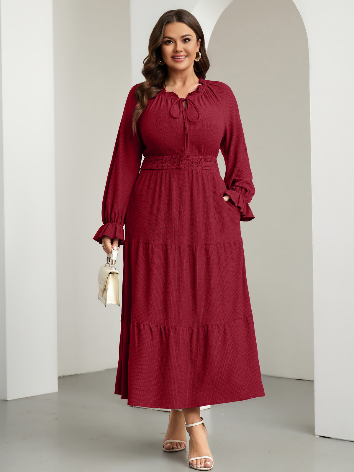 RWJ 6813 Burgundy plus size tie V-neck puff-sleeve maxi dress