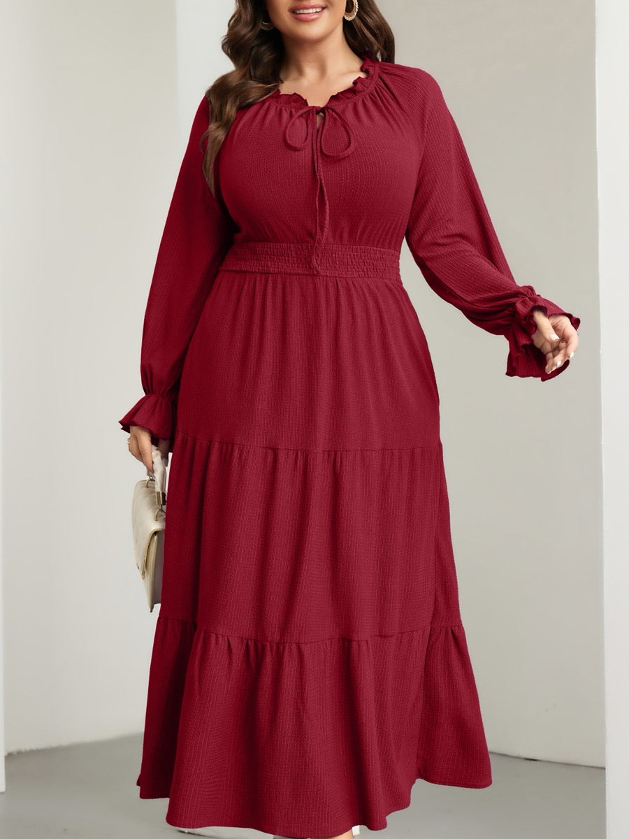 Plus Size Tie V-Neck Puff-Sleeve Maxi Dress — Burgundy close-up detail