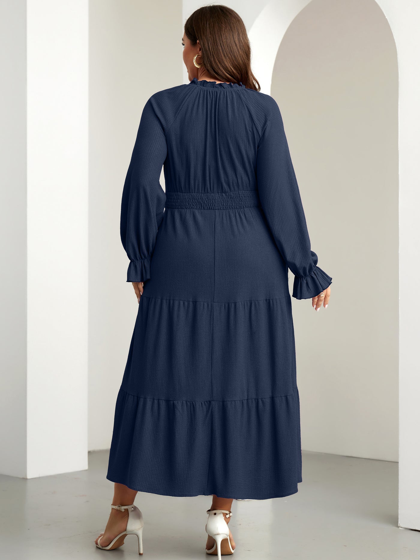 RWJ 6813 Navy Blue plus size tie V-neck puff-sleeve maxi dress