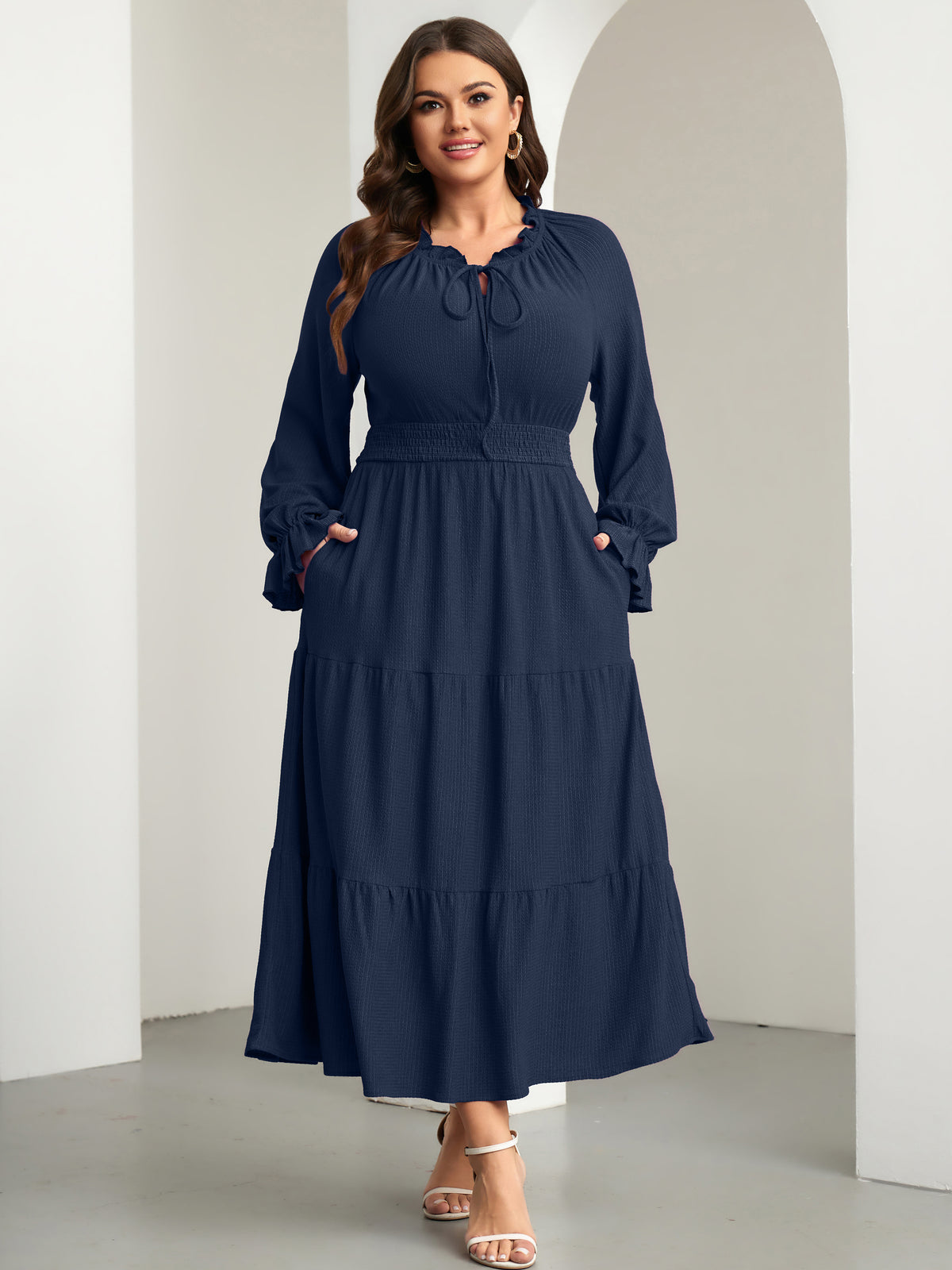 RWJ 6813 Navy Blue plus size tie V-neck puff-sleeve maxi dress