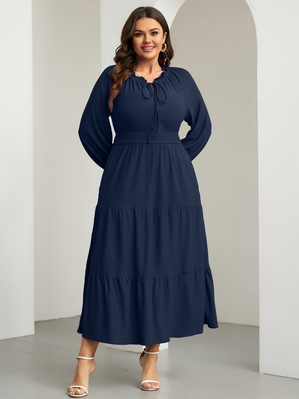 RWJ 6813 Navy Blue plus size tie V-neck puff-sleeve maxi dress