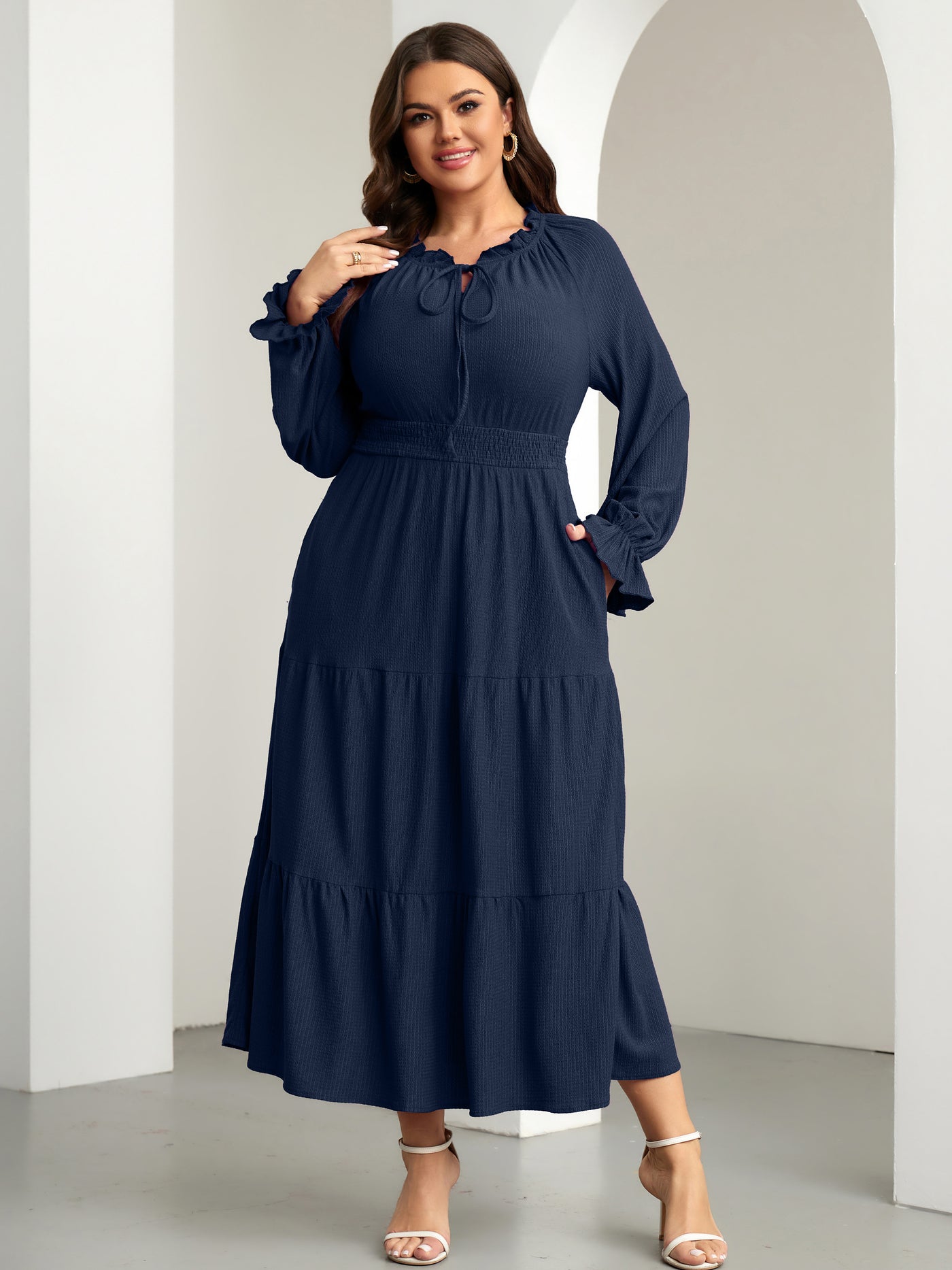 RWJ 6813 Navy Blue plus size tie V-neck puff-sleeve maxi dress
