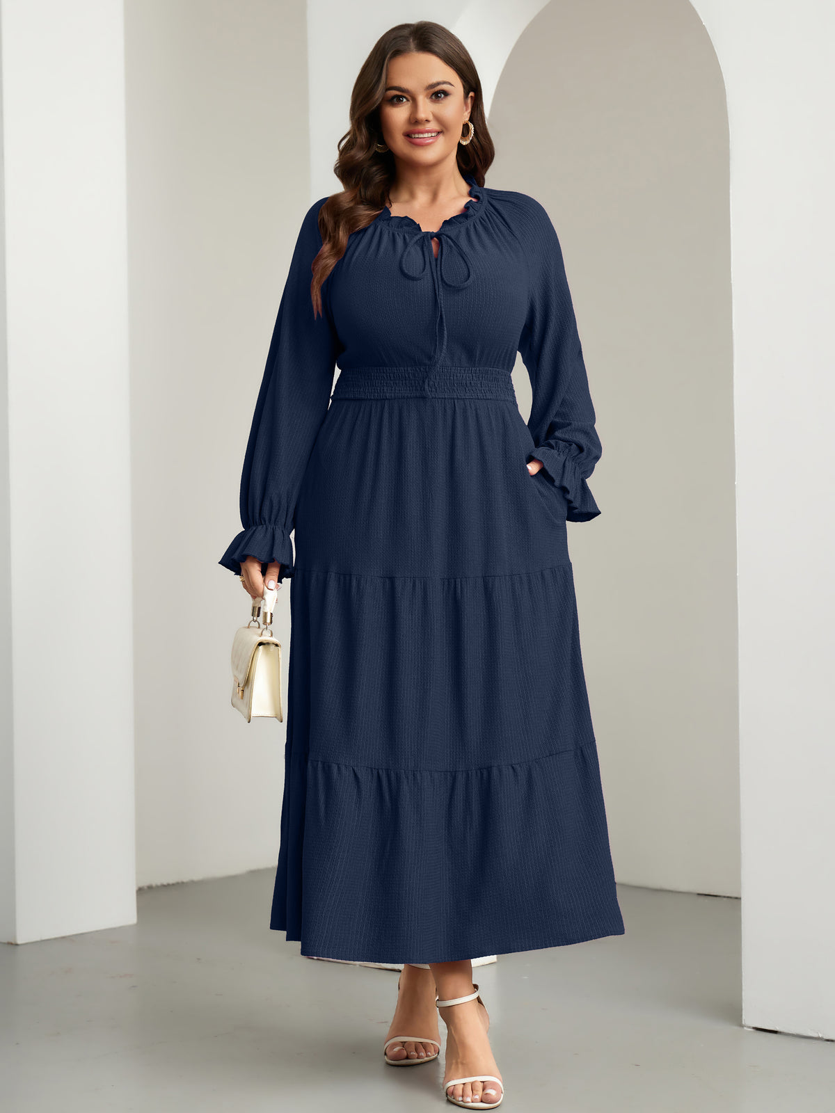 RWJ 6813 Navy Blue plus size tie V-neck puff-sleeve maxi dress