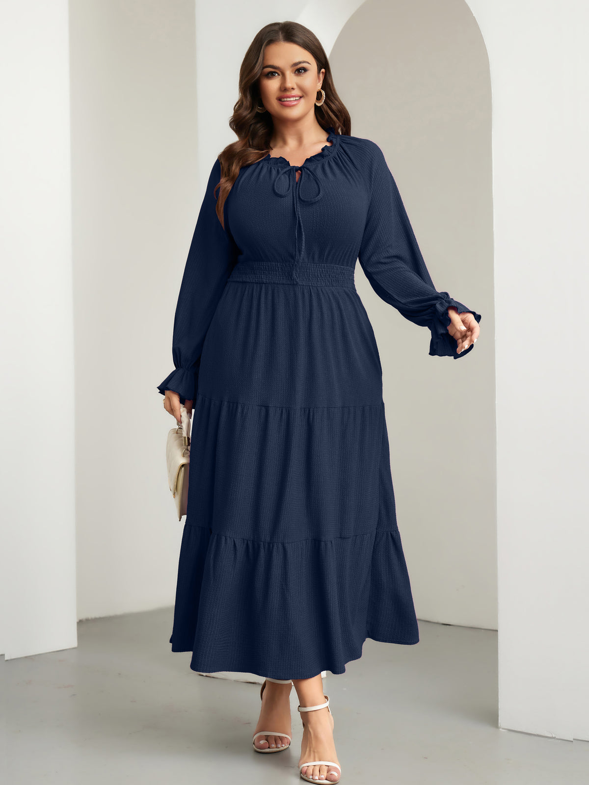 Plus Size Tie V-Neck Puff-Sleeve Maxi Dress — Navy Blue
