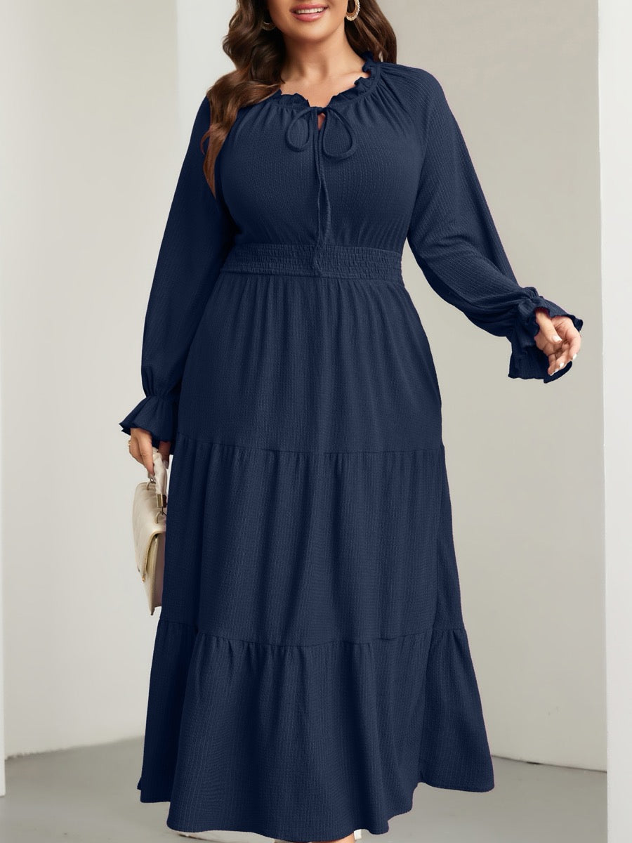Plus Size Tie V-Neck Puff-Sleeve Maxi Dress — Navy Blue close-up detail