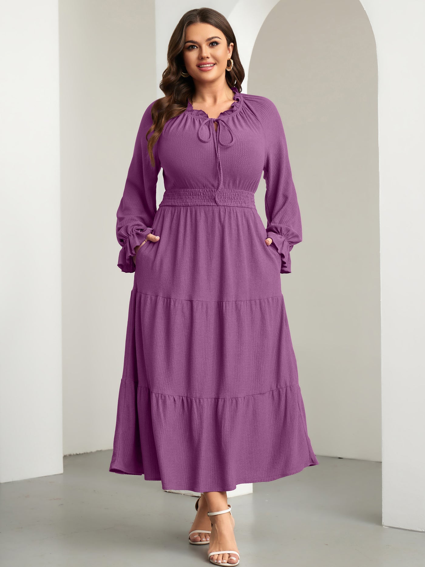 RWJ 6813 Purple plus size tie V-neck puff-sleeve maxi dress