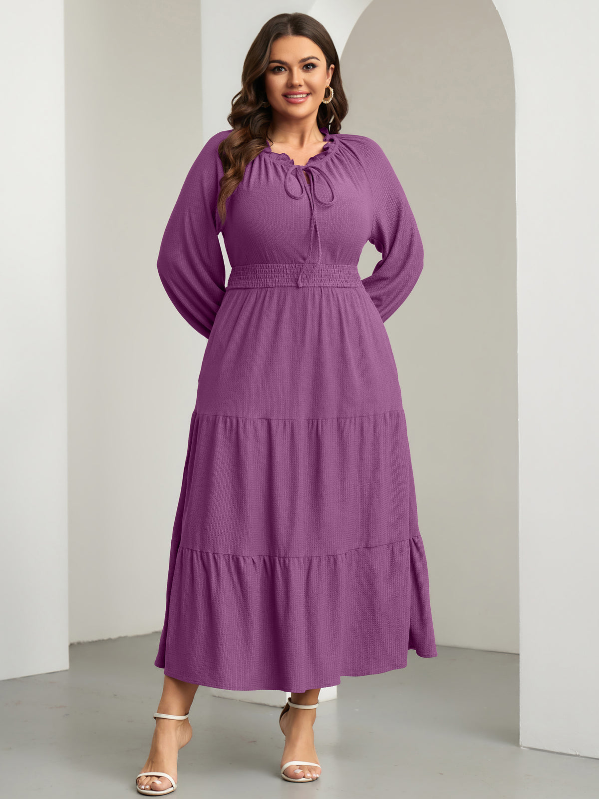 RWJ 6813 Purple plus size tie V-neck puff-sleeve maxi dress