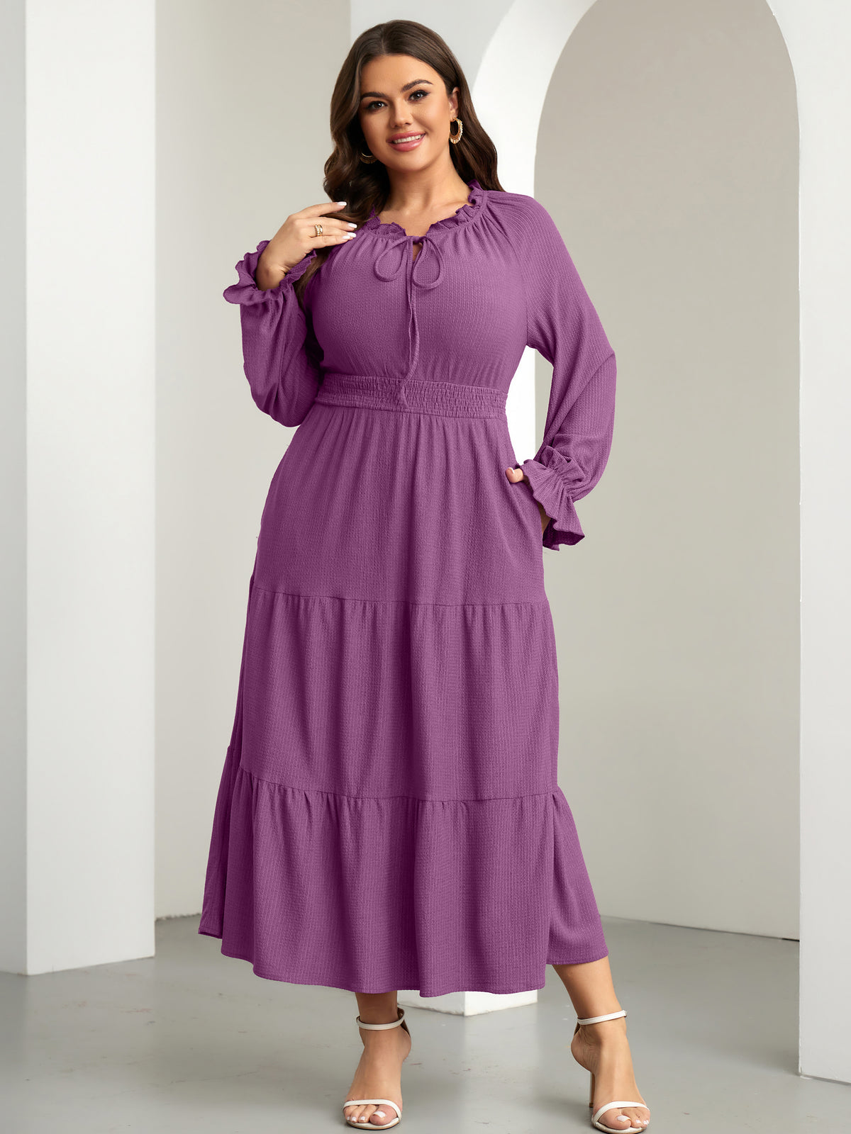 RWJ 6813 Purple plus size tie V-neck puff-sleeve maxi dress