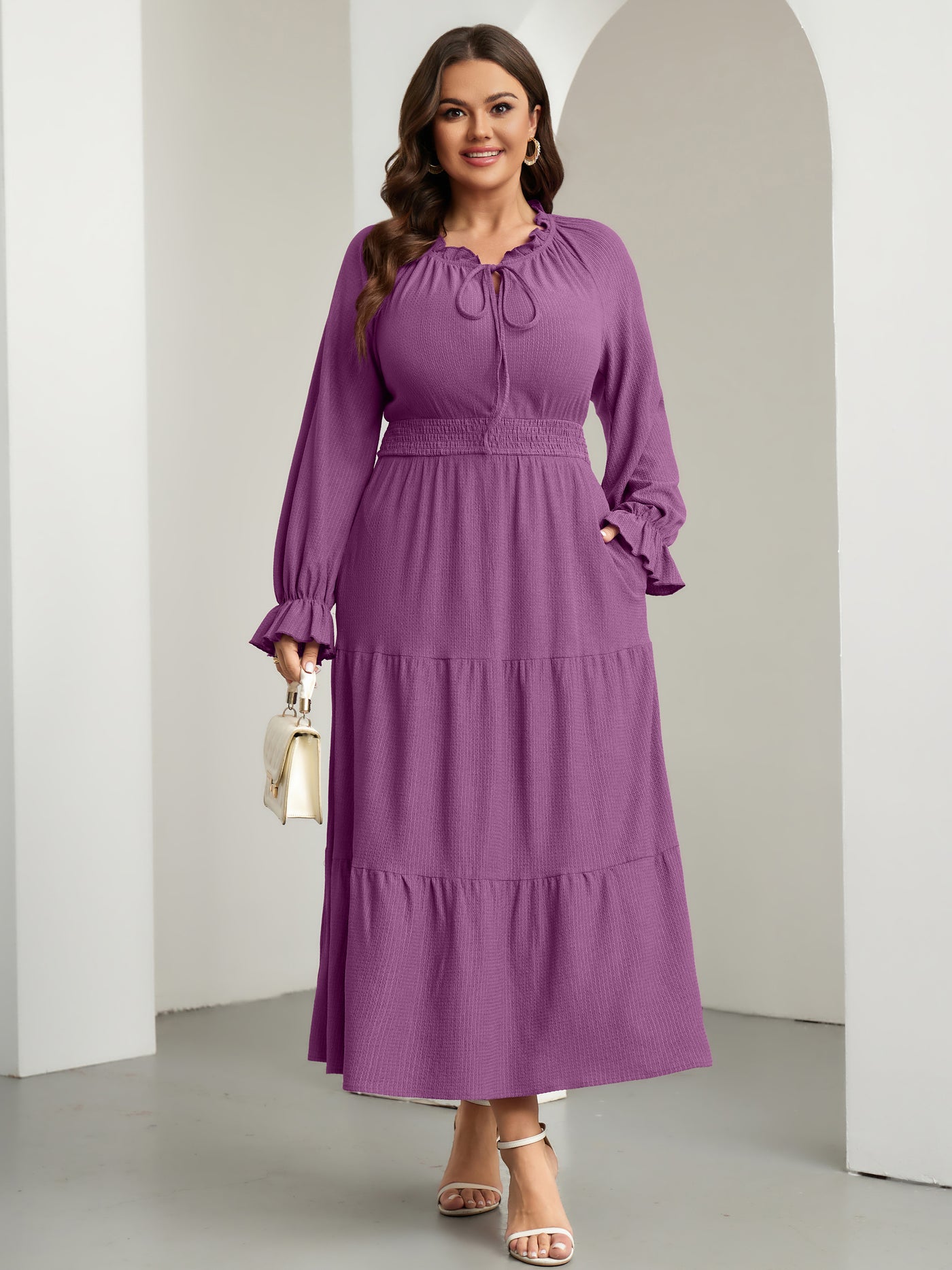 RWJ 6813 Purple plus size tie V-neck puff-sleeve maxi dress