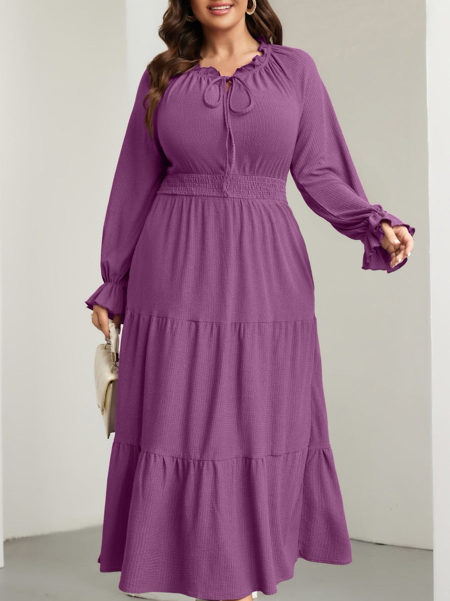 Plus Size Tie V-Neck Puff-Sleeve Maxi Dress — Purple close-up detail