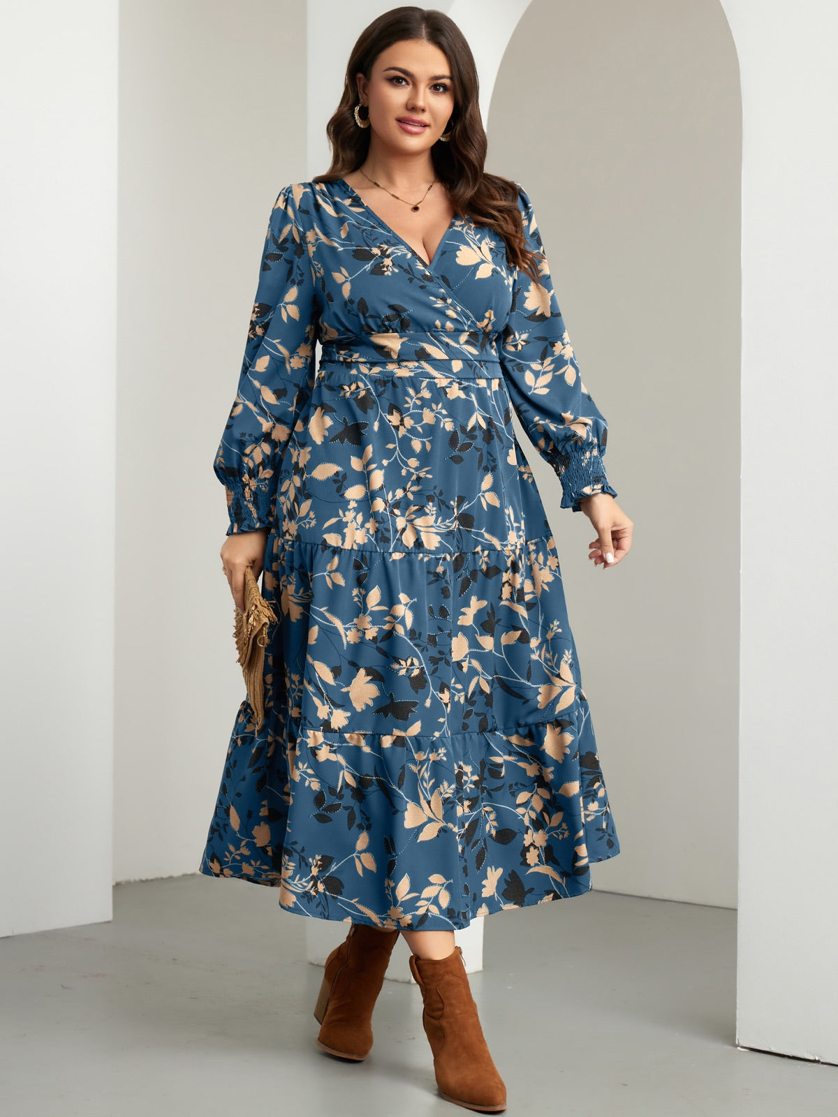 Plus Size Floral Wrap Maxi Dress — Dusty Blue Floral gallery image 3