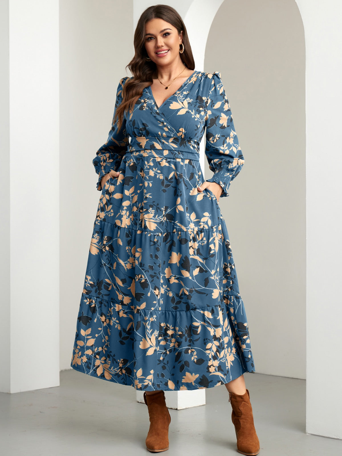 Plus Size Floral Wrap Maxi Dress — Dusty Blue Floral gallery image 1