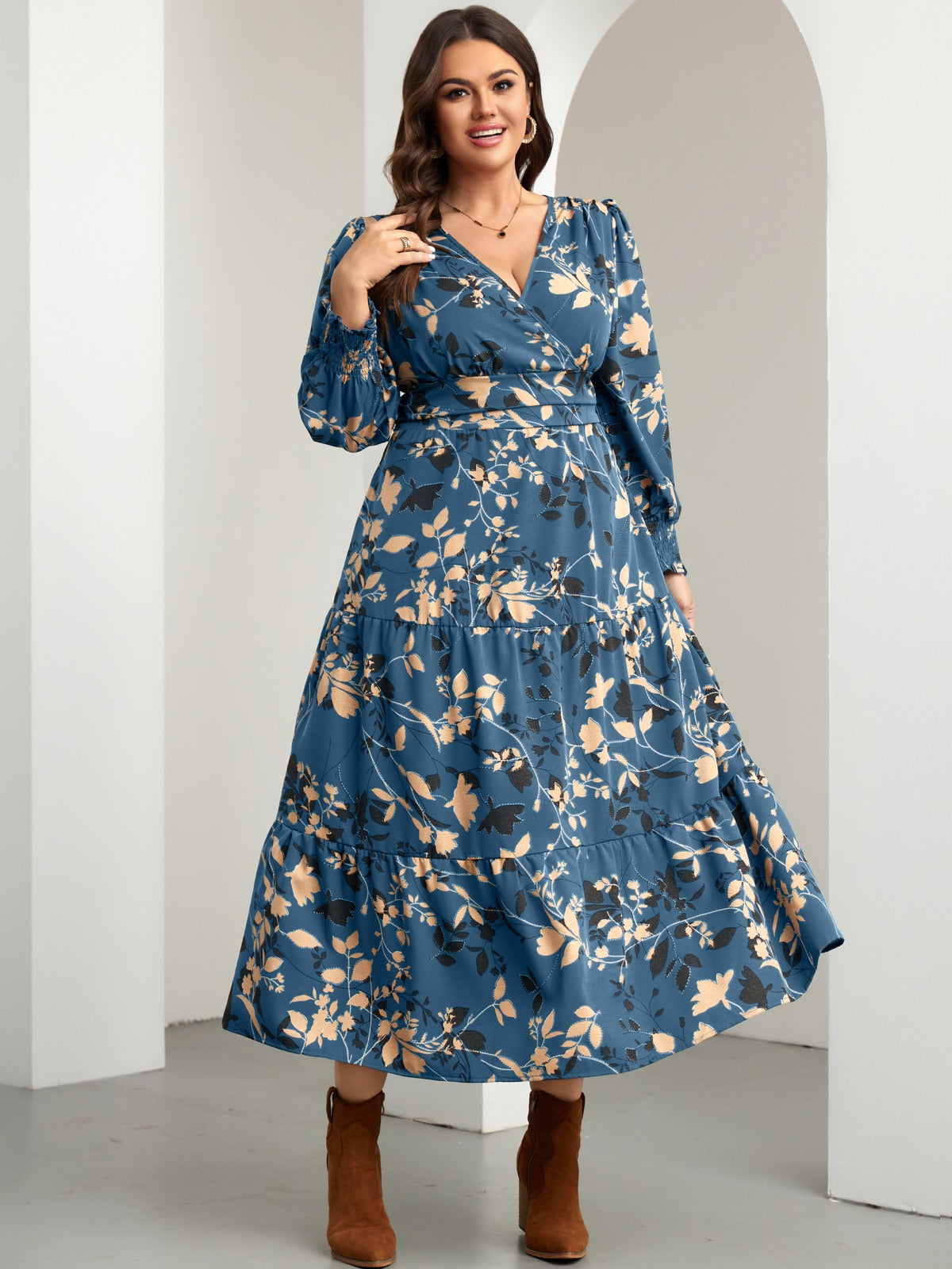 Plus Size Floral Wrap Maxi Dress — Dusty Blue Floral gallery image 2