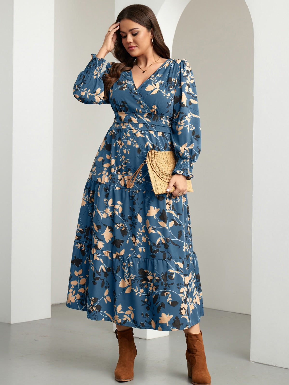 Plus Size Floral Wrap Maxi Dress — Dusty Blue Floral gallery image 3