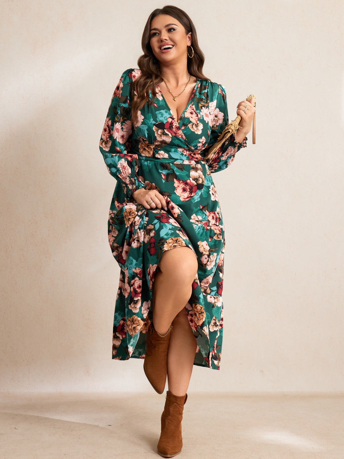 Plus Size Floral Wrap Maxi Dress — Emerald Green Floral gallery image 3