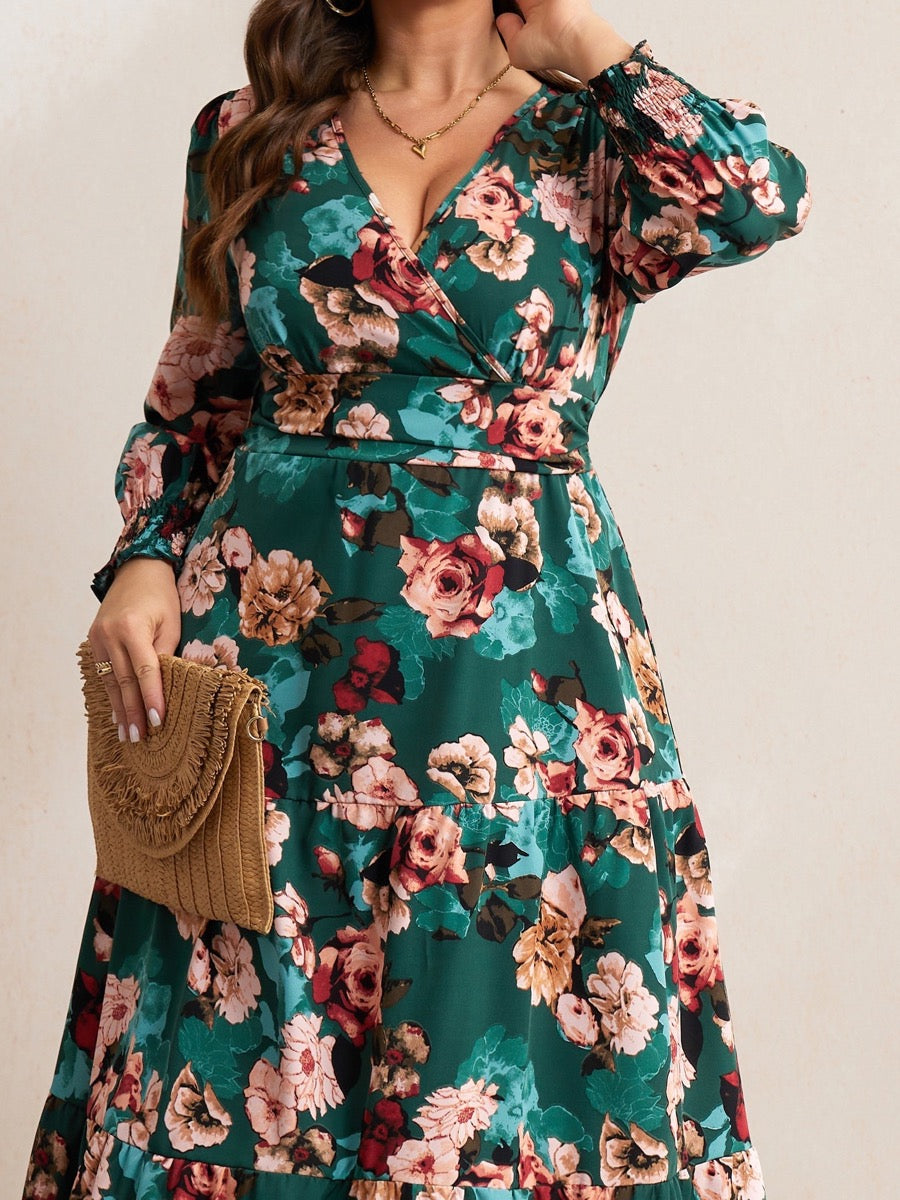 Plus Size Floral Wrap Maxi Dress — Emerald Green Floral close-up detail