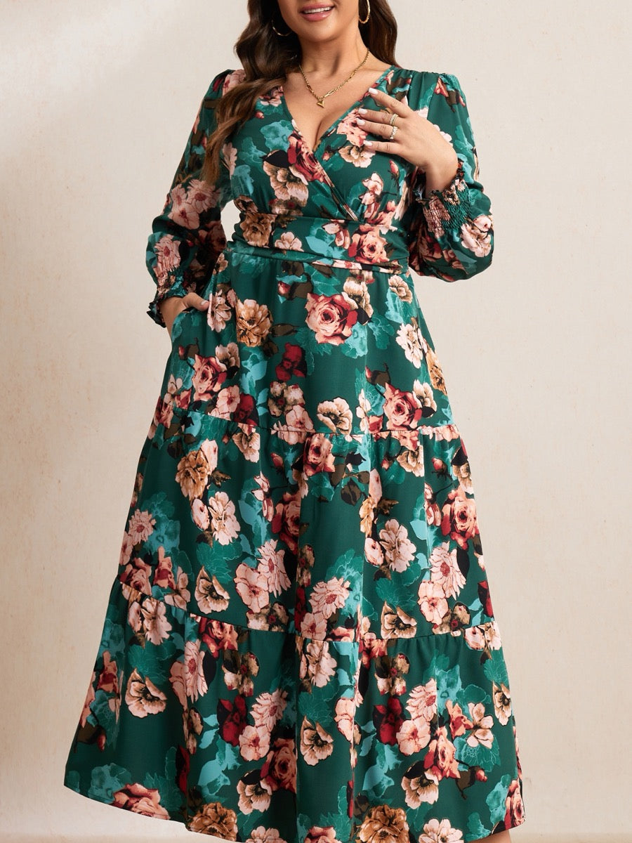 Plus Size Floral Wrap Maxi Dress — Emerald Green Floral close-up detail