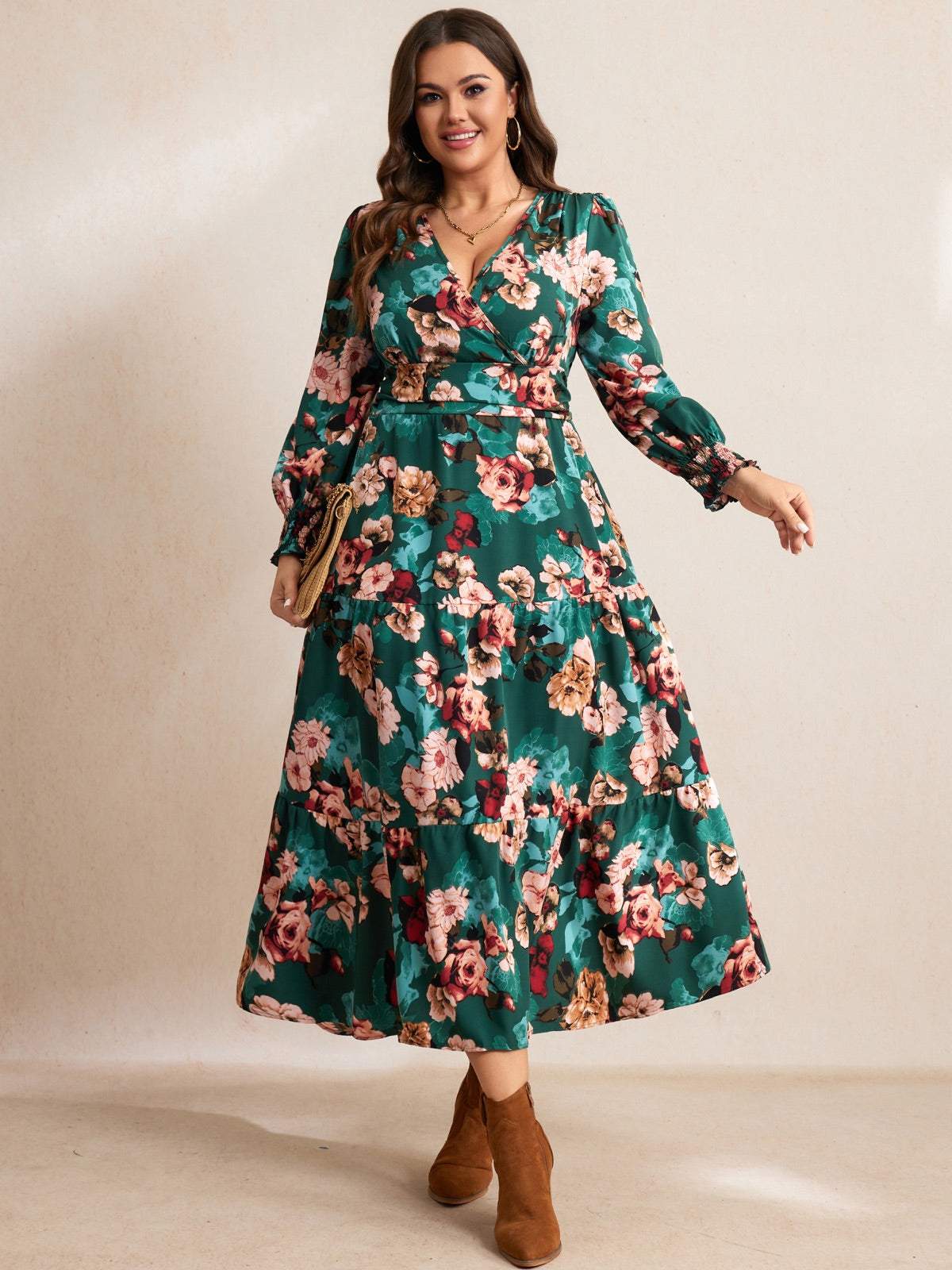 Plus Size Floral Wrap Maxi Dress — Emerald Green Floral gallery image 1
