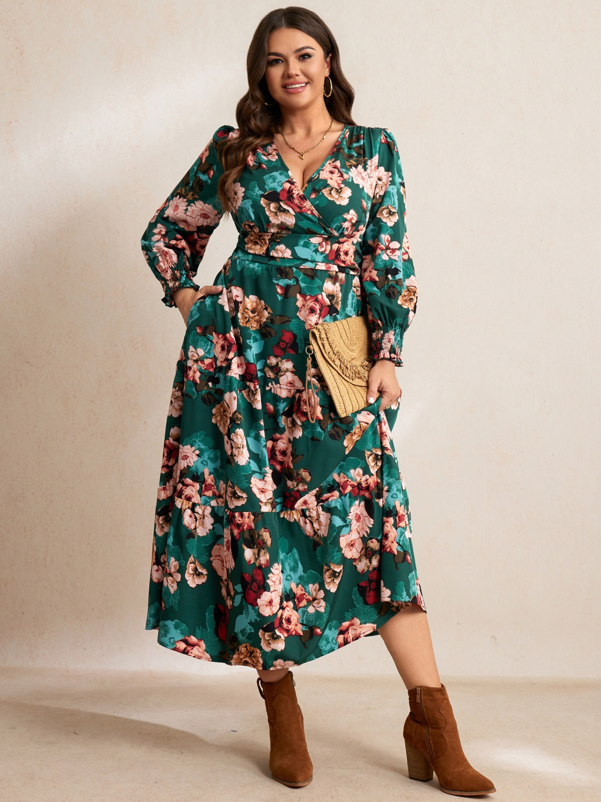 Plus Size Floral Wrap Maxi Dress — Emerald Green Floral gallery image 2