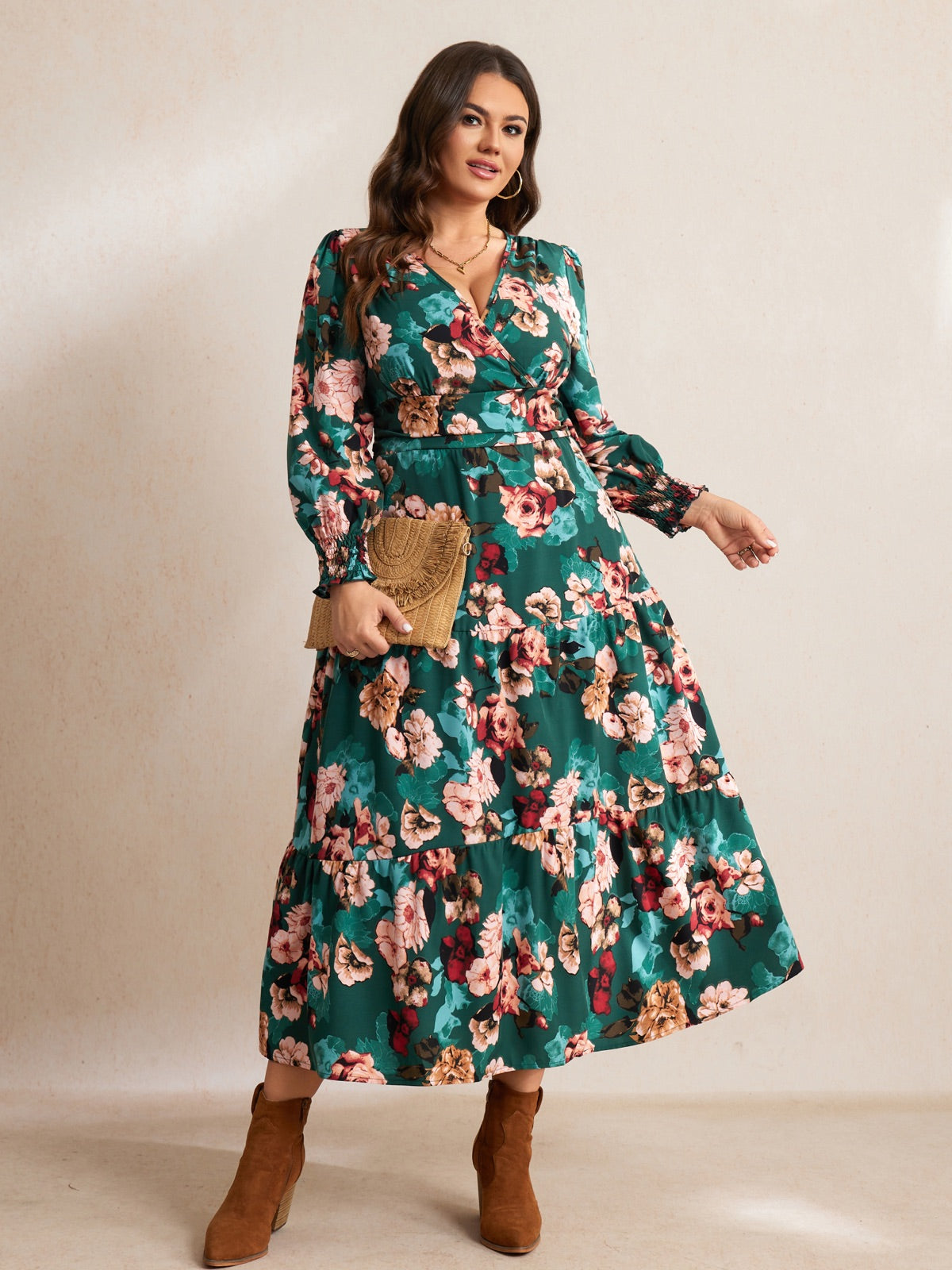 Plus Size Floral Wrap Maxi Dress — Emerald Green Floral gallery image 4