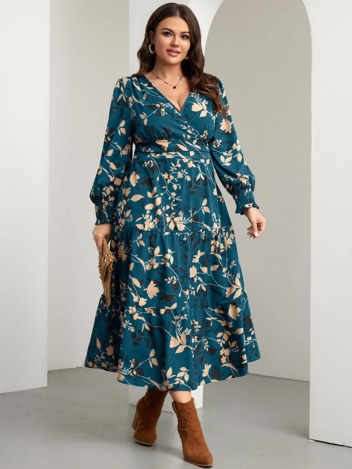 Plus Size Floral Wrap Maxi Dress — Lake Blue Floral gallery image 3