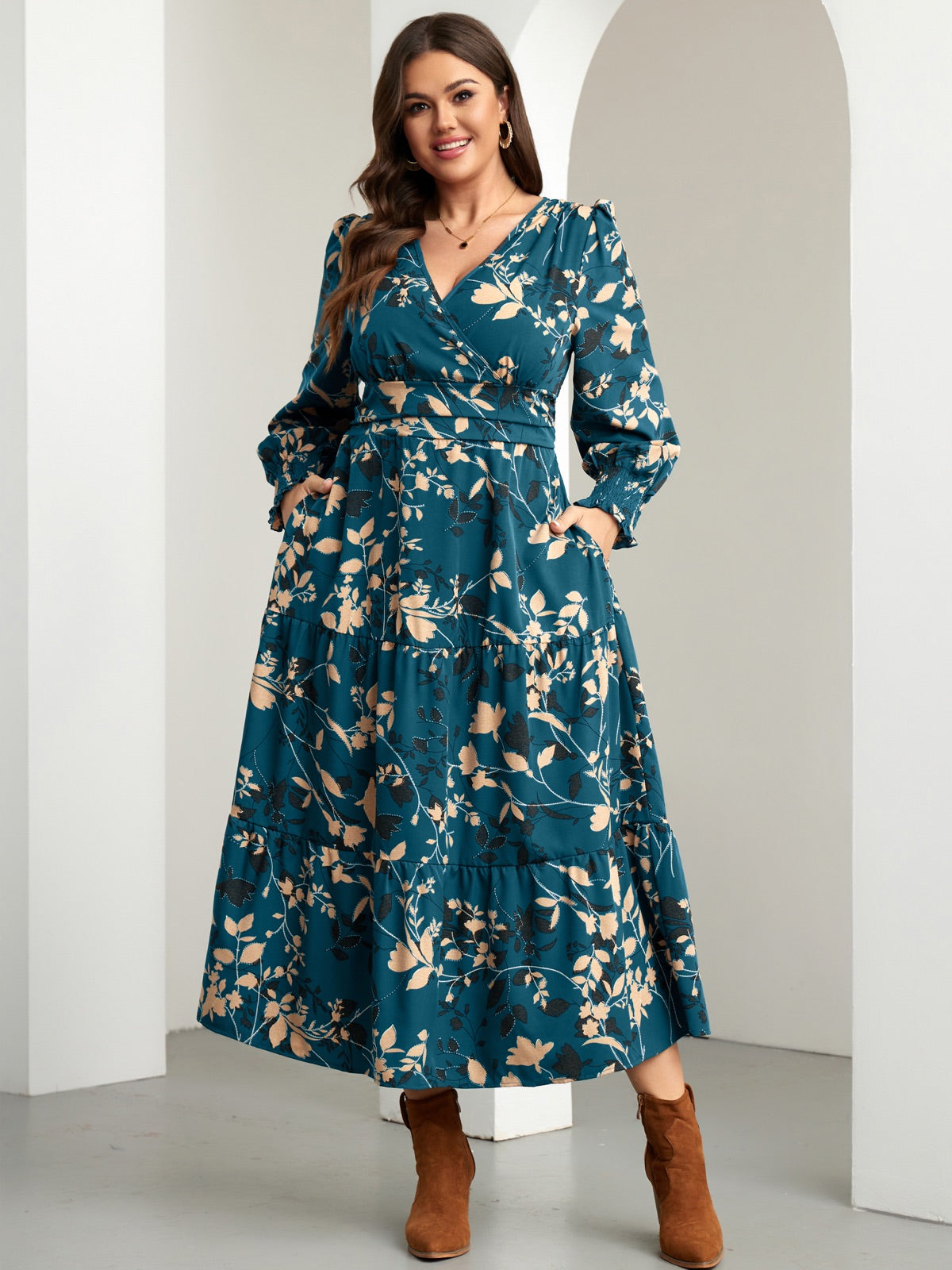 Plus Size Floral Wrap Maxi Dress — Lake Blue Floral gallery image 1