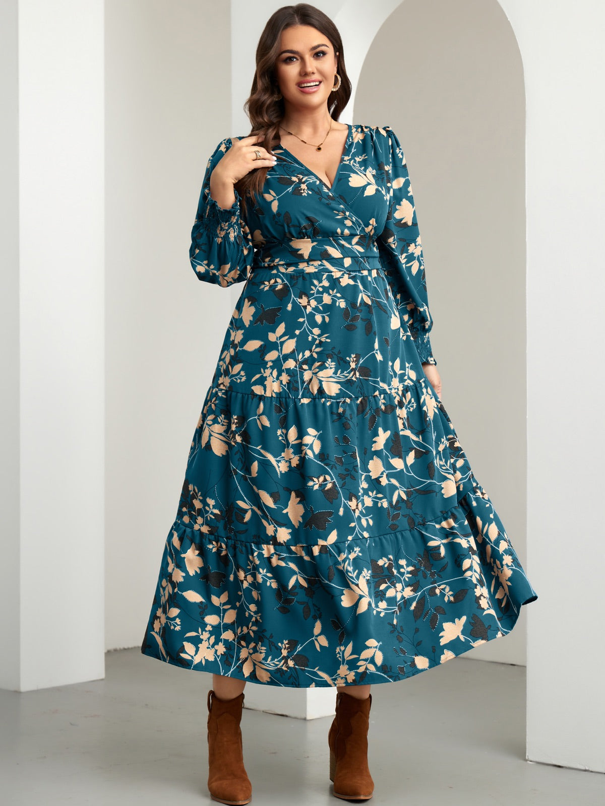 Plus Size Floral Wrap Maxi Dress — Lake Blue Floral gallery image 2
