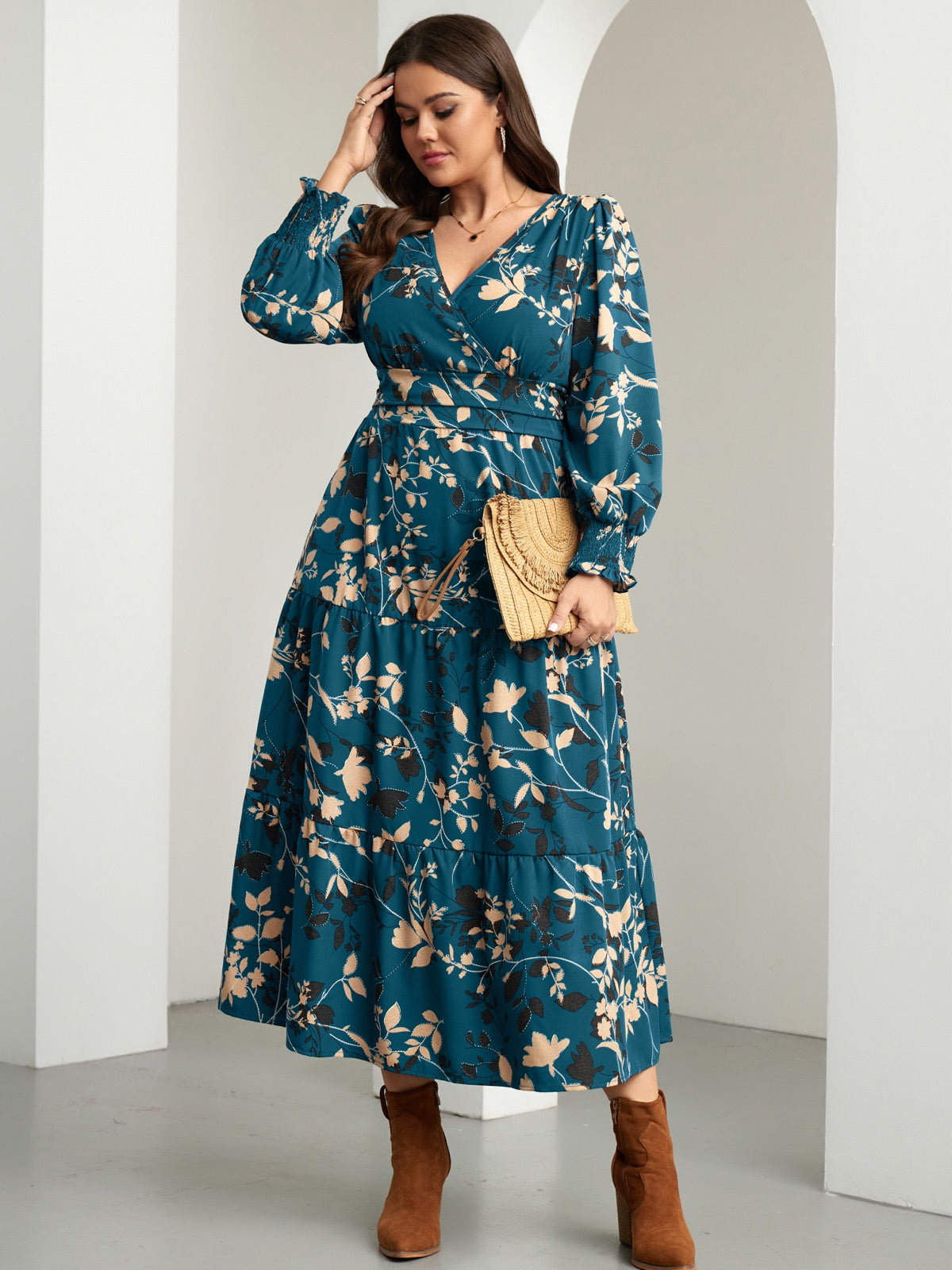 Plus Size Floral Wrap Maxi Dress — Lake Blue Floral gallery image 3