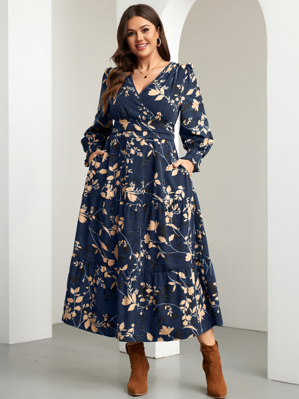 Plus Size Floral Wrap Maxi Dress — Navy Blue Floral gallery image 1