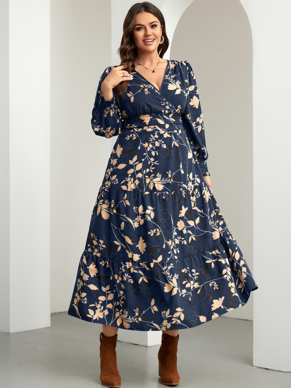 Plus Size Floral Wrap Maxi Dress — Navy Blue Floral gallery image 2