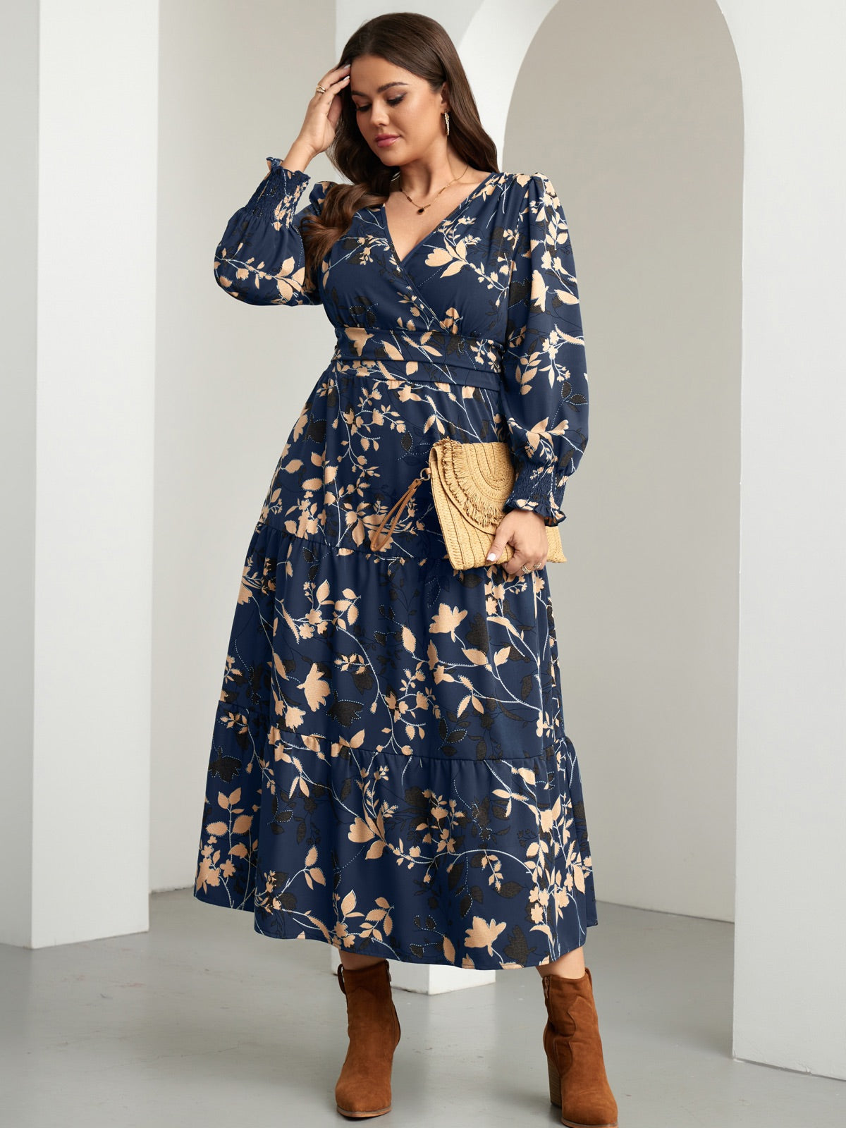 Plus Size Floral Wrap Maxi Dress — Navy Blue Floral gallery image 3
