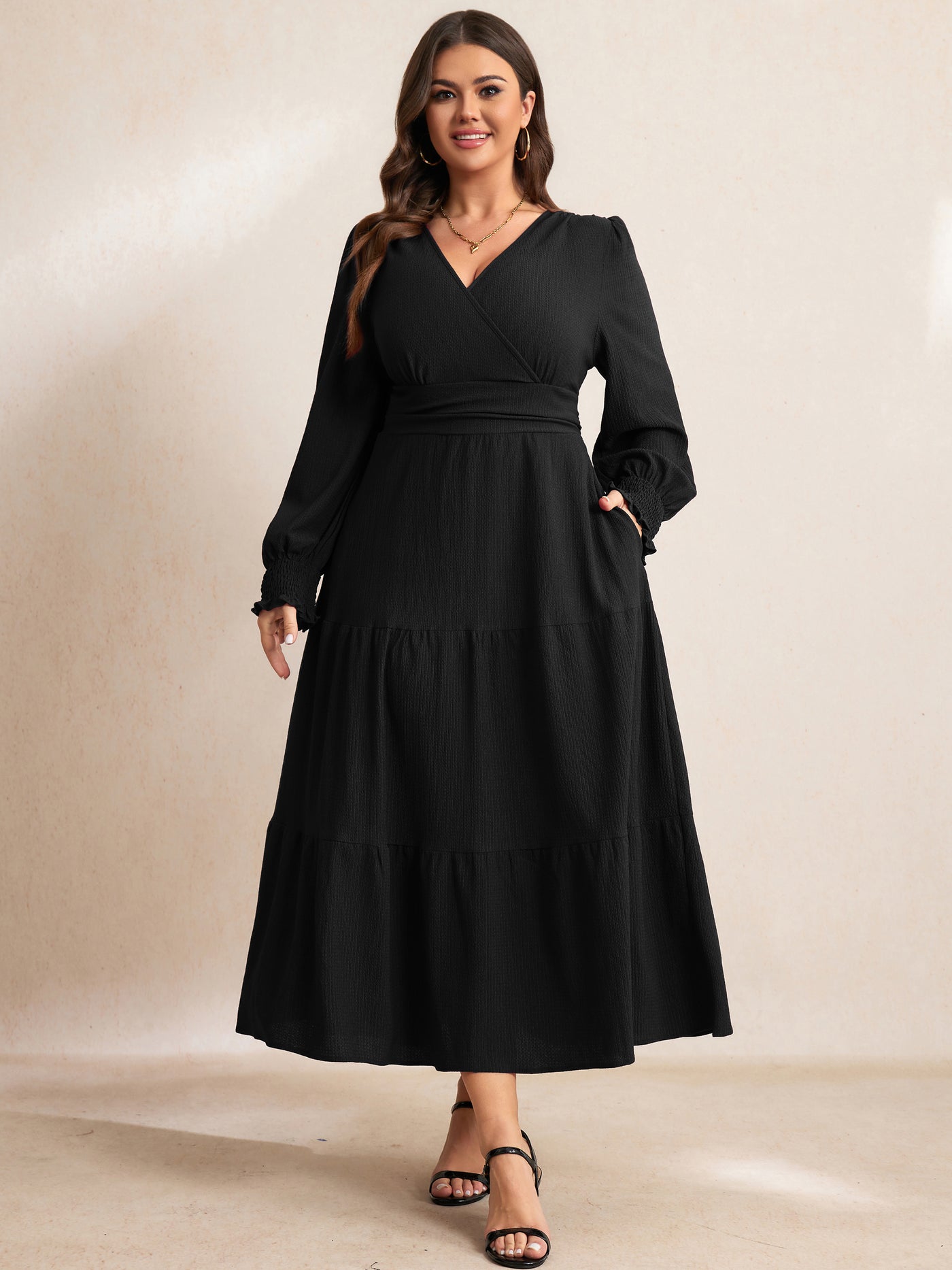 RWJ 6815 Black plus size wrap V-neck tiered maxi dress