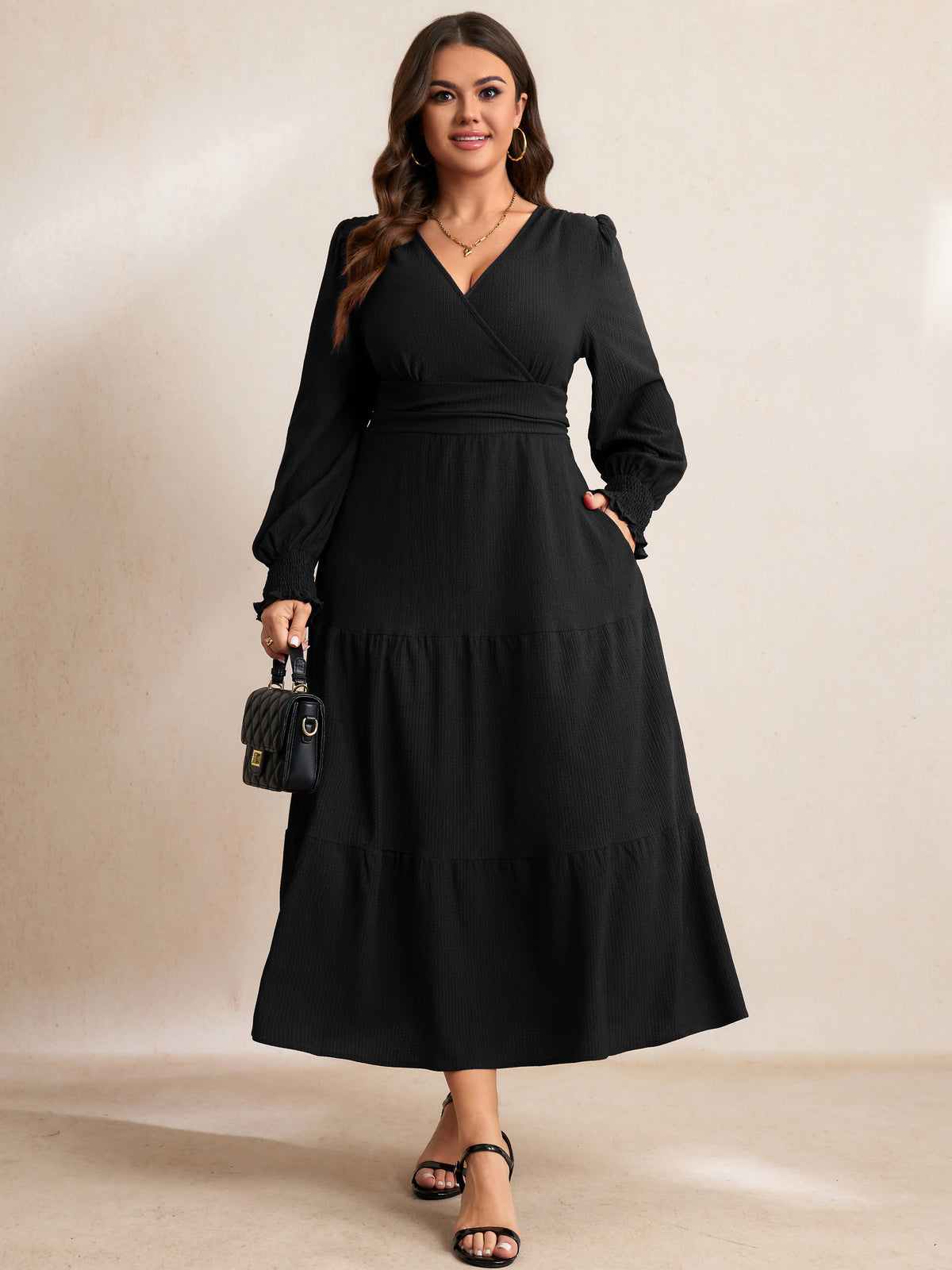 RWJ 6815 Black plus size wrap V-neck tiered maxi dress