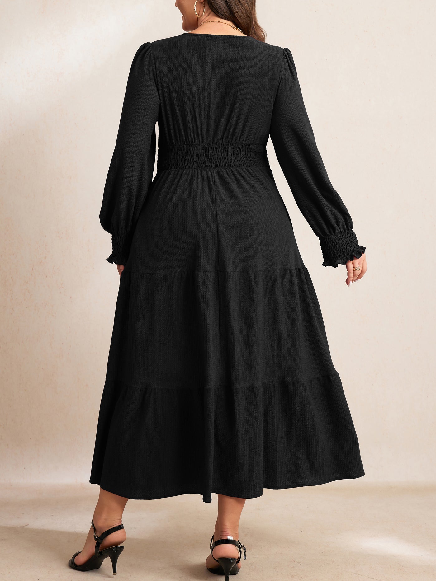 RWJ 6815 Black plus size wrap V-neck tiered maxi dress
