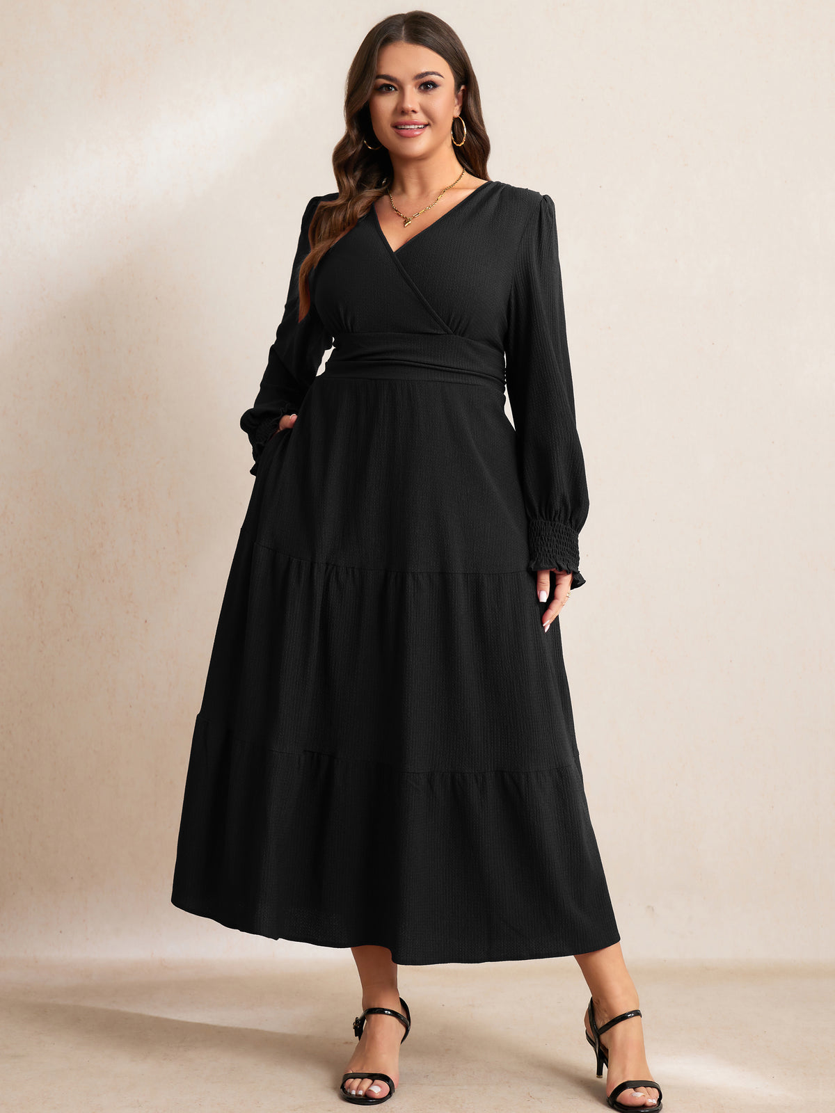 RWJ 6815 Black plus size wrap V-neck tiered maxi dress