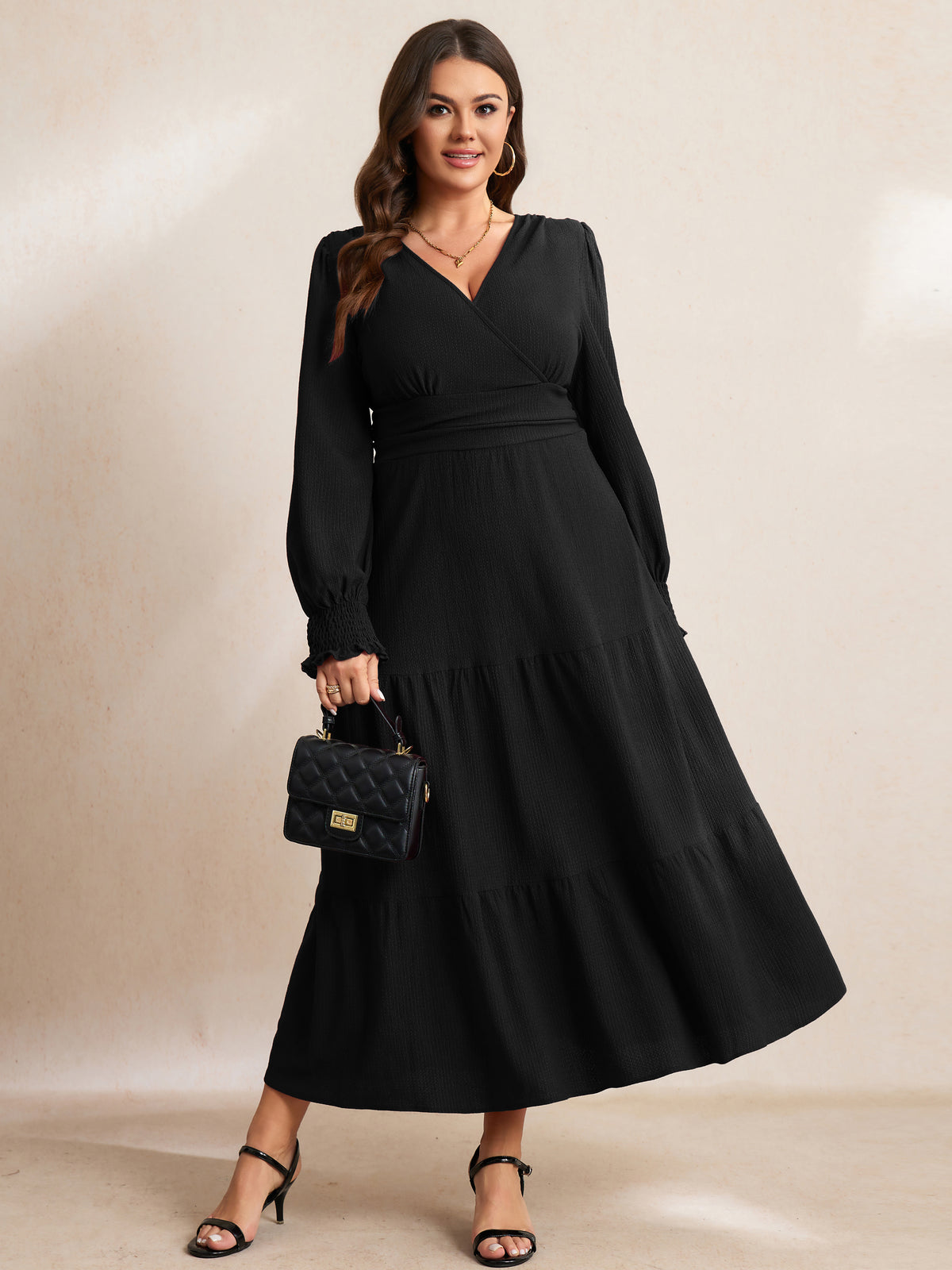 RWJ 6815 Black plus size wrap V-neck tiered maxi dress