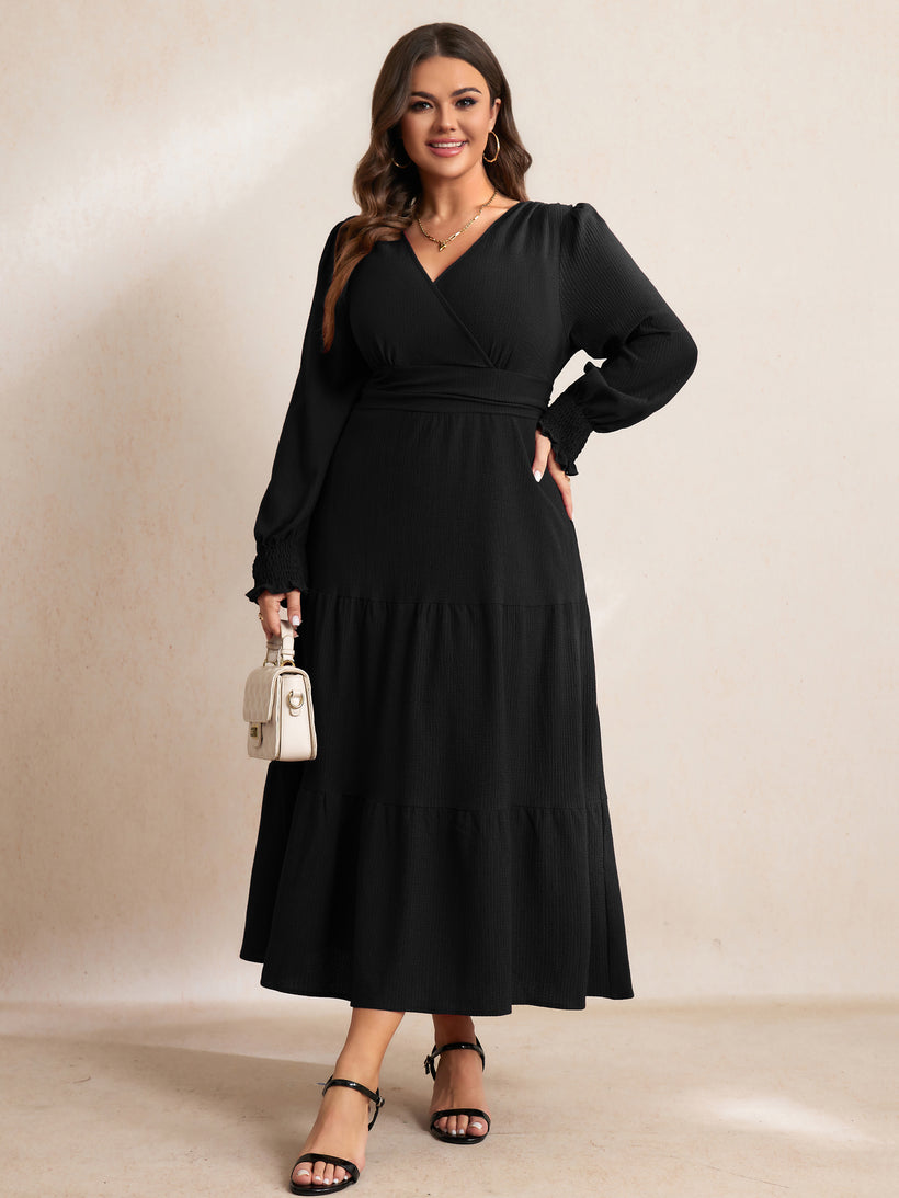 Plus Size Wrap V-Neck Tiered Maxi Dress — Black