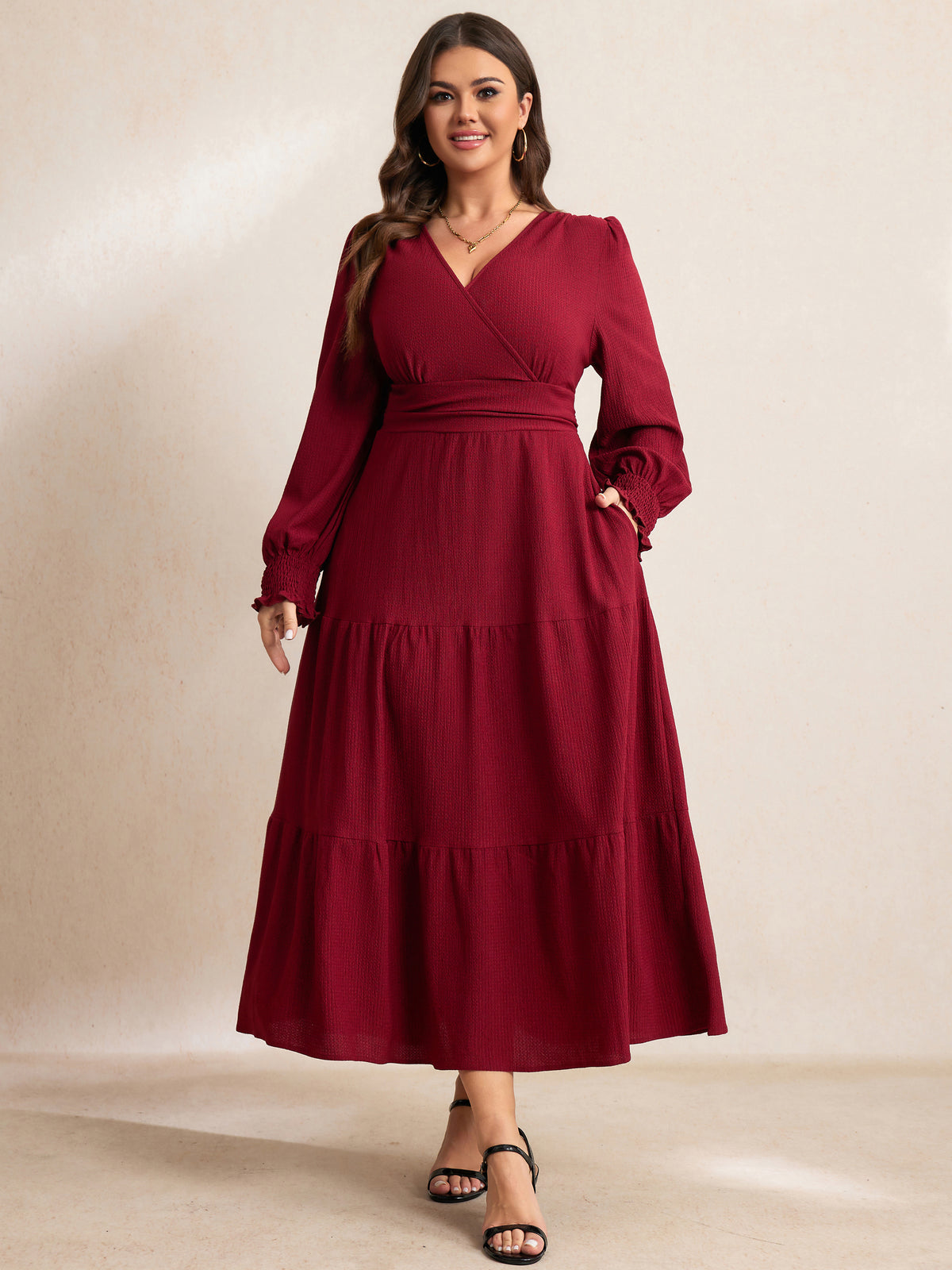 RWJ 6815 Burgundy plus size wrap V-neck tiered maxi dress