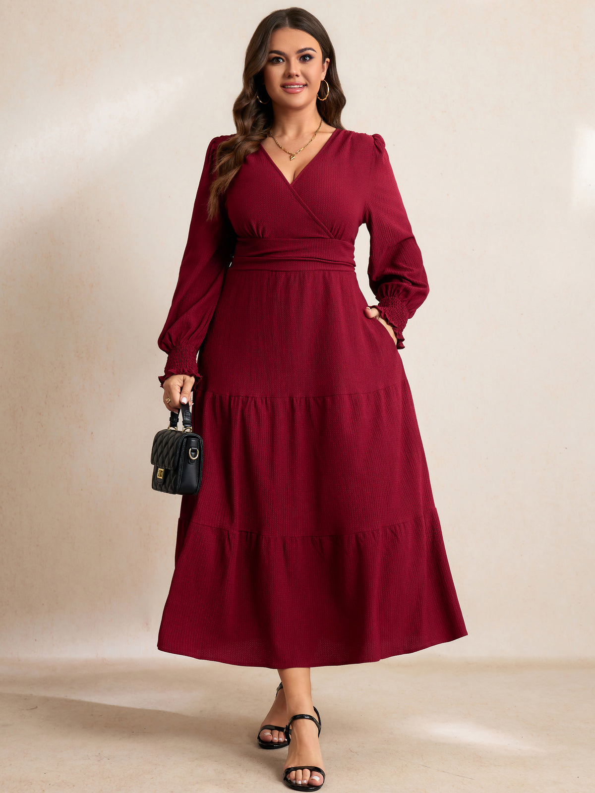RWJ 6815 Burgundy plus size wrap V-neck tiered maxi dress