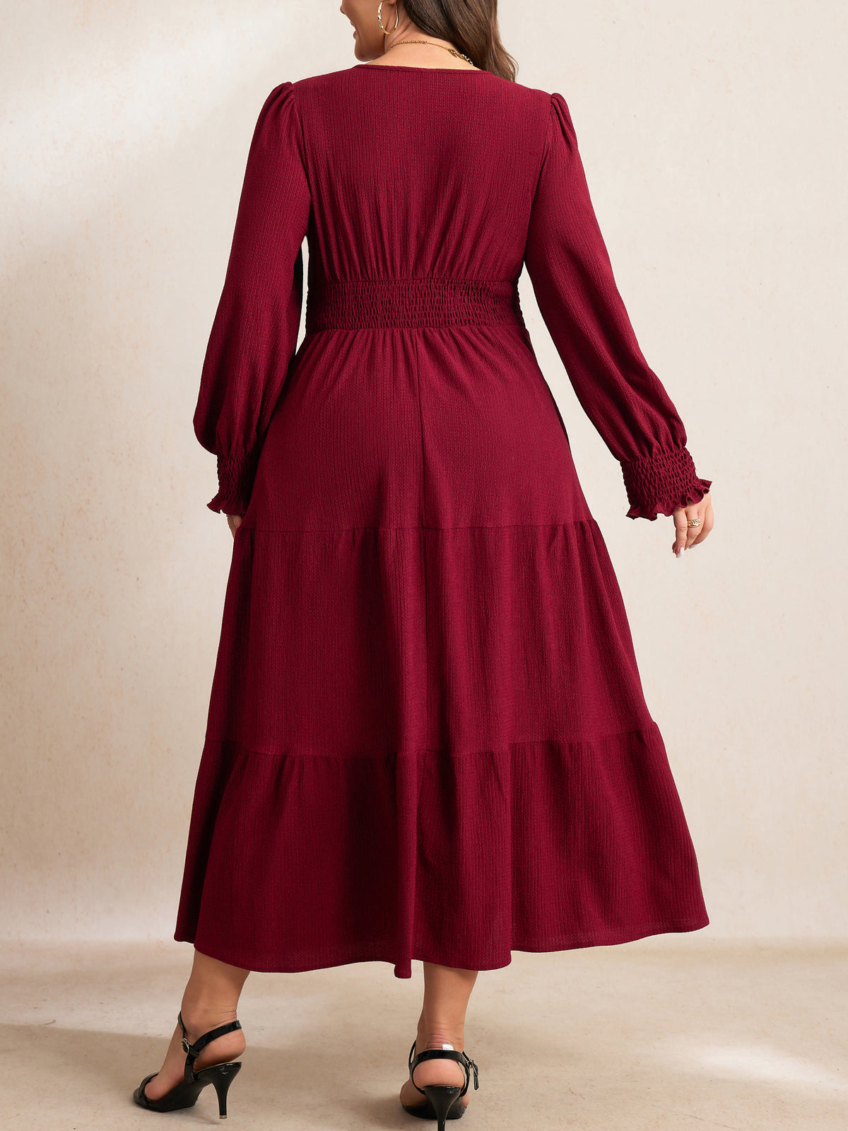 RWJ 6815 Burgundy plus size wrap V-neck tiered maxi dress