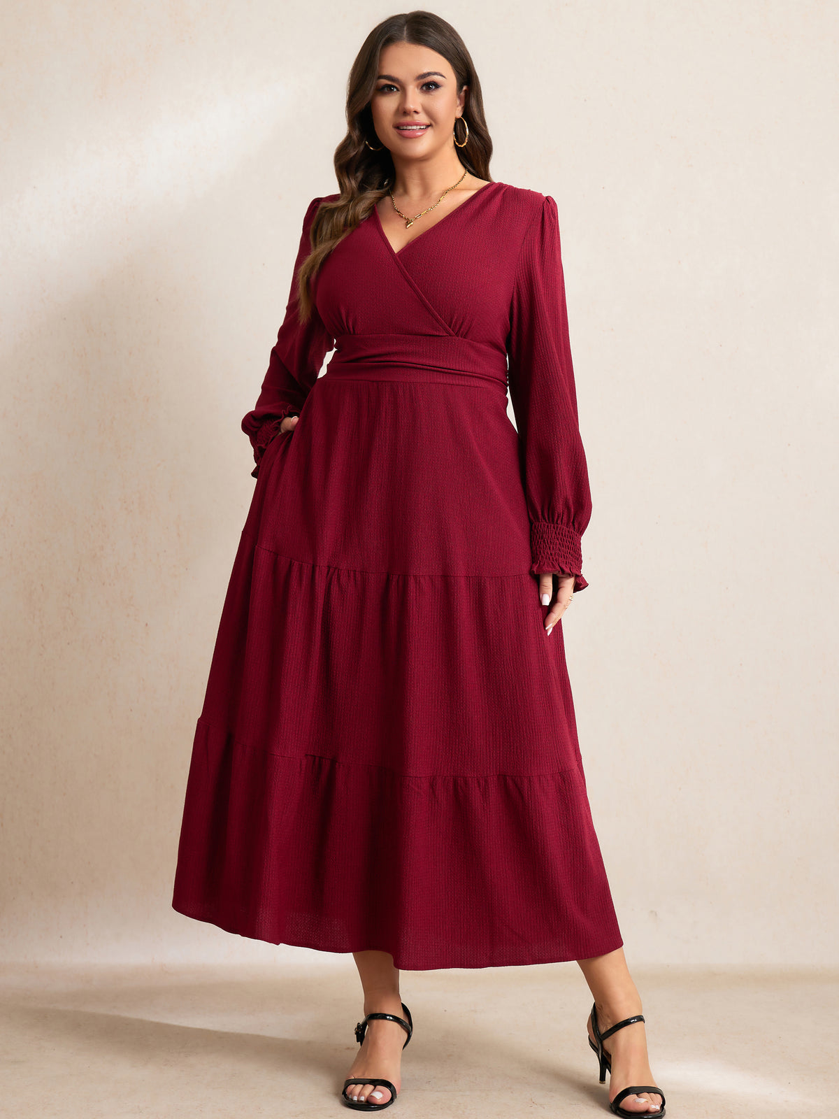 RWJ 6815 Burgundy plus size wrap V-neck tiered maxi dress
