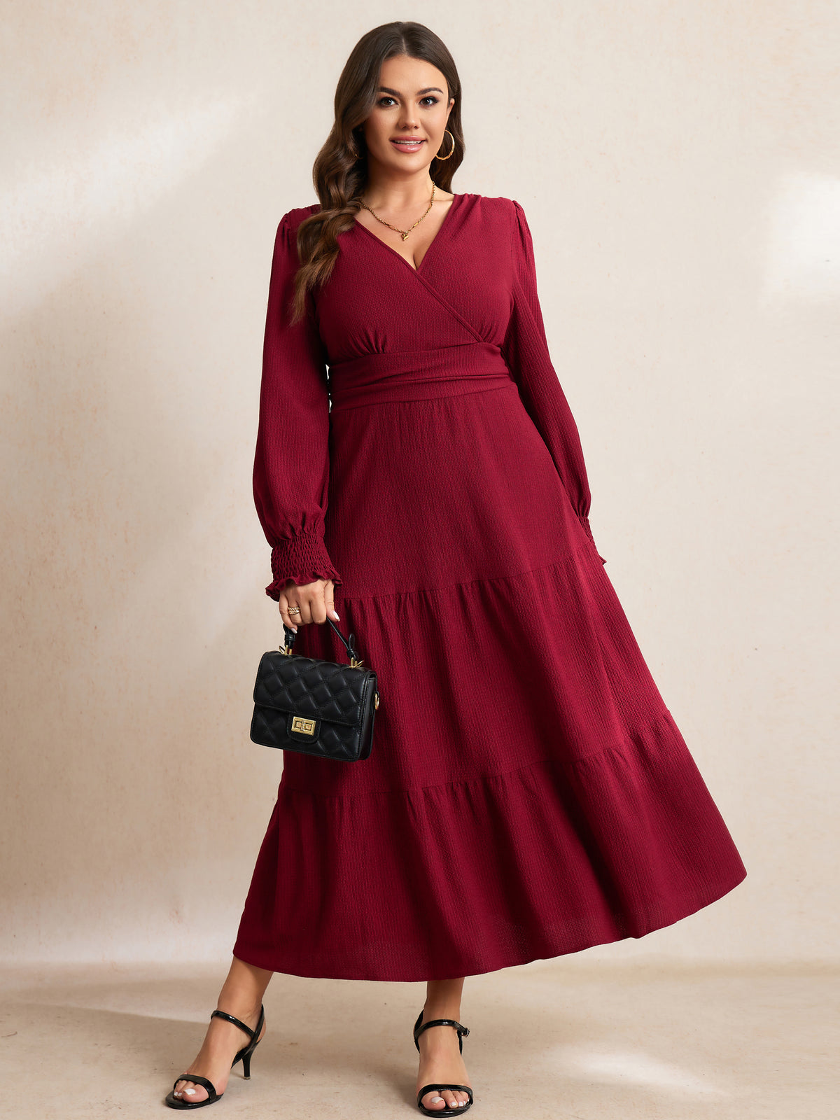 RWJ 6815 Burgundy plus size wrap V-neck tiered maxi dress
