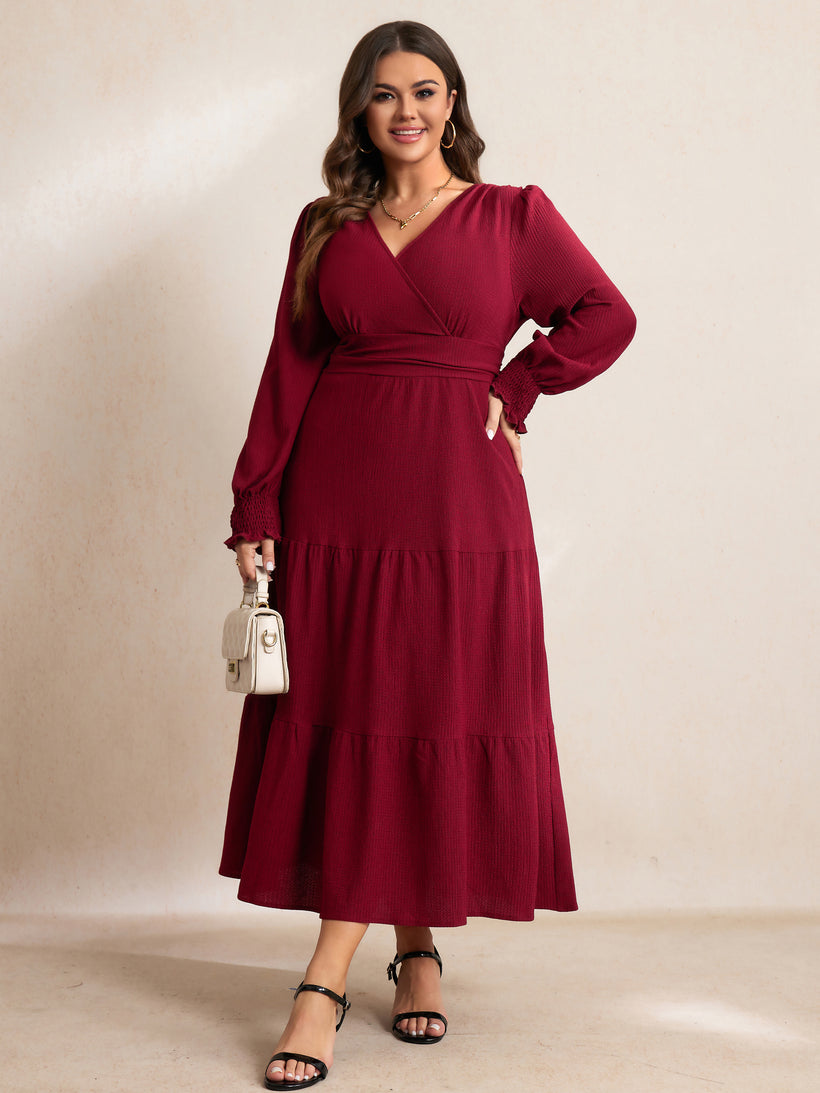 Plus Size Wrap V-Neck Tiered Maxi Dress — Burgundy