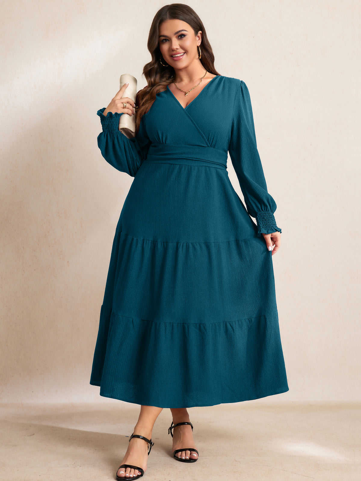 RWJ 6815 Lake Blue plus size wrap V-neck tiered maxi dress