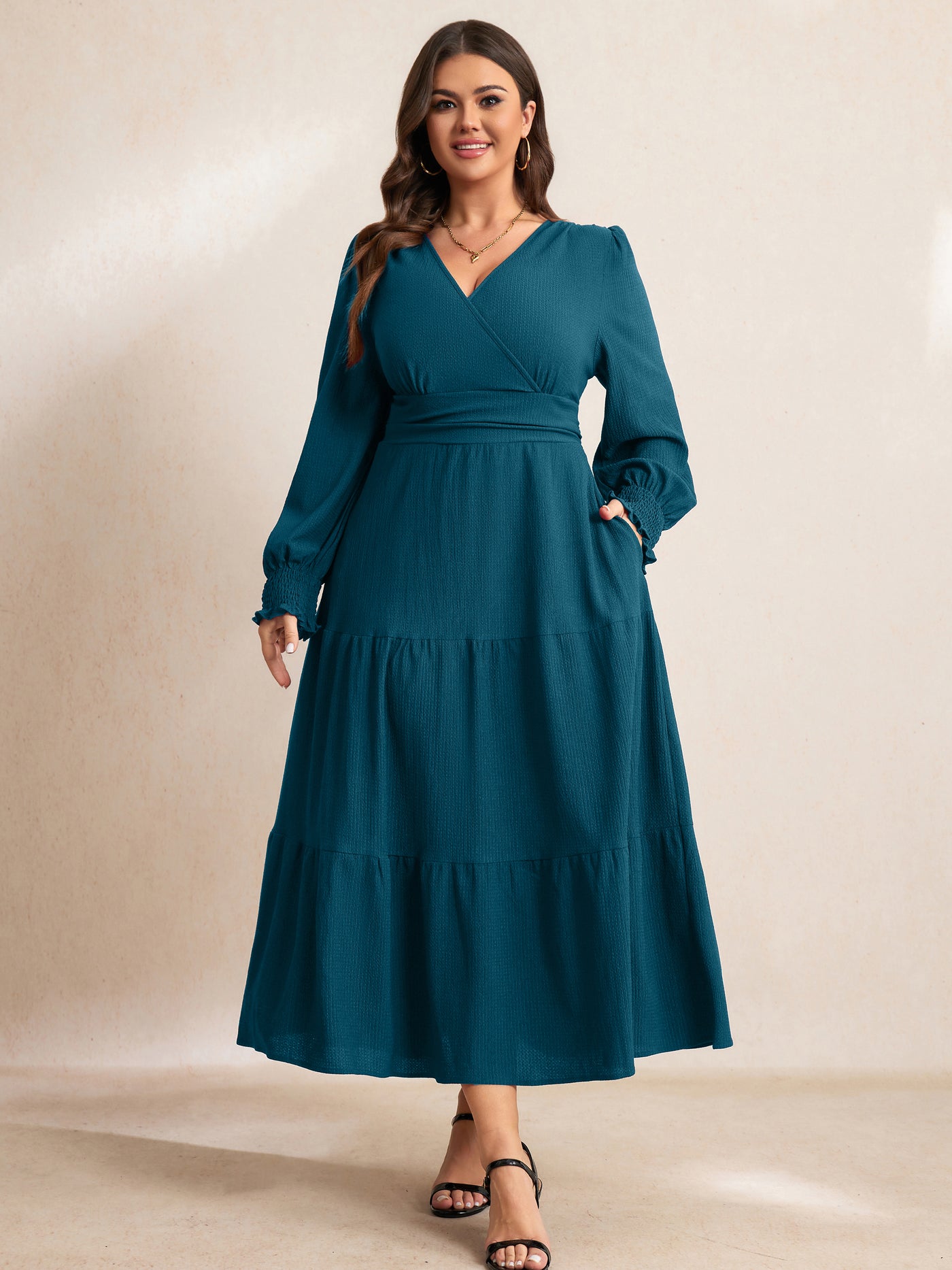RWJ 6815 Lake Blue plus size wrap V-neck tiered maxi dress