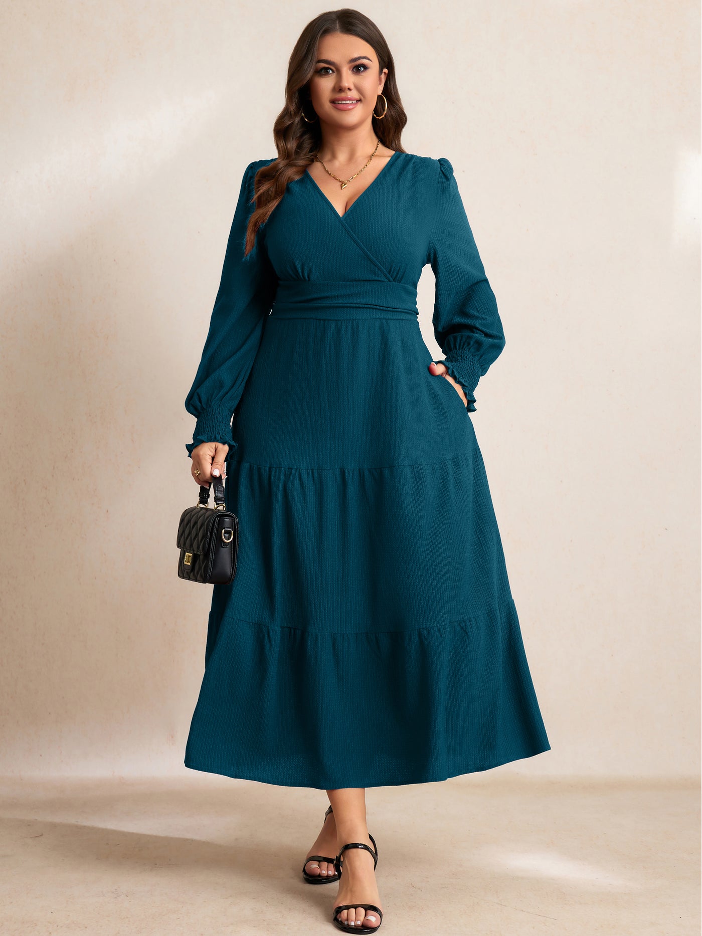 RWJ 6815 Lake Blue plus size wrap V-neck tiered maxi dress