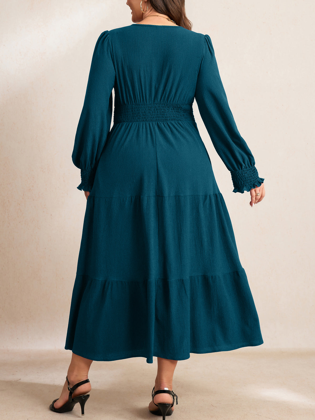 RWJ 6815 Lake Blue plus size wrap V-neck tiered maxi dress