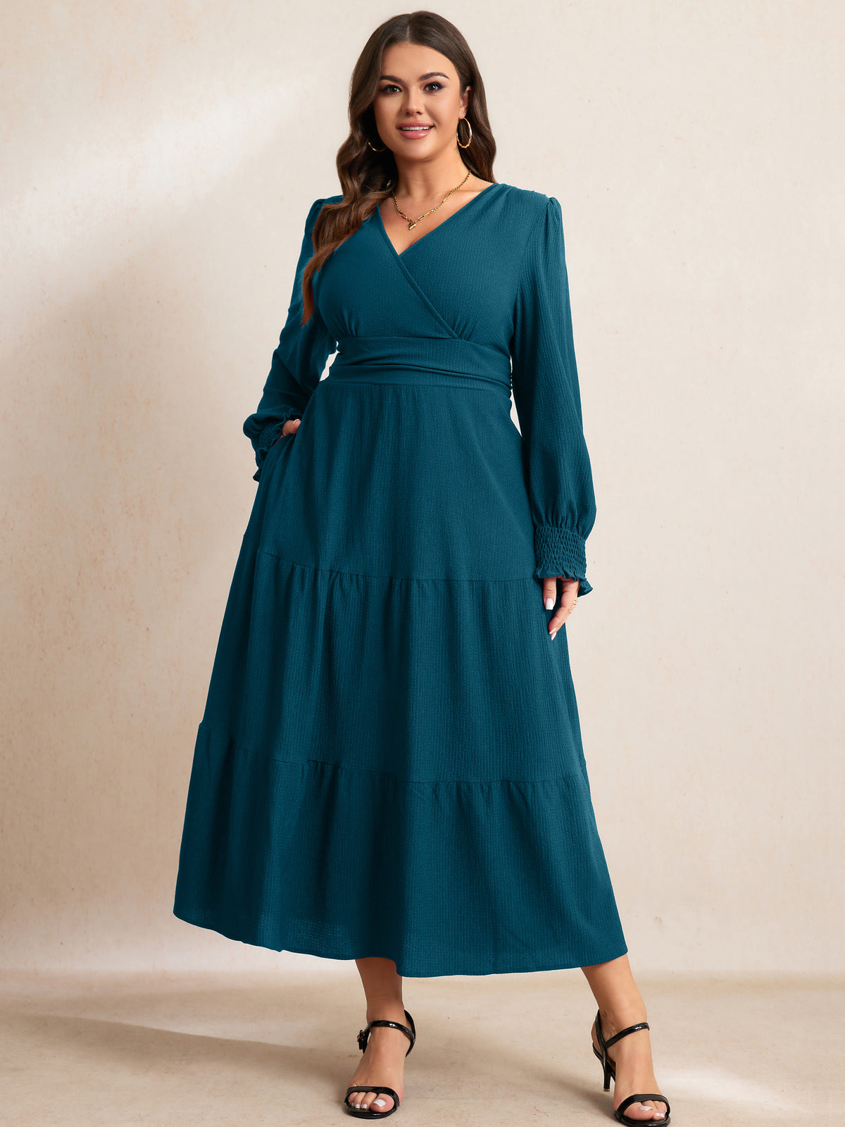 RWJ 6815 Lake Blue plus size wrap V-neck tiered maxi dress